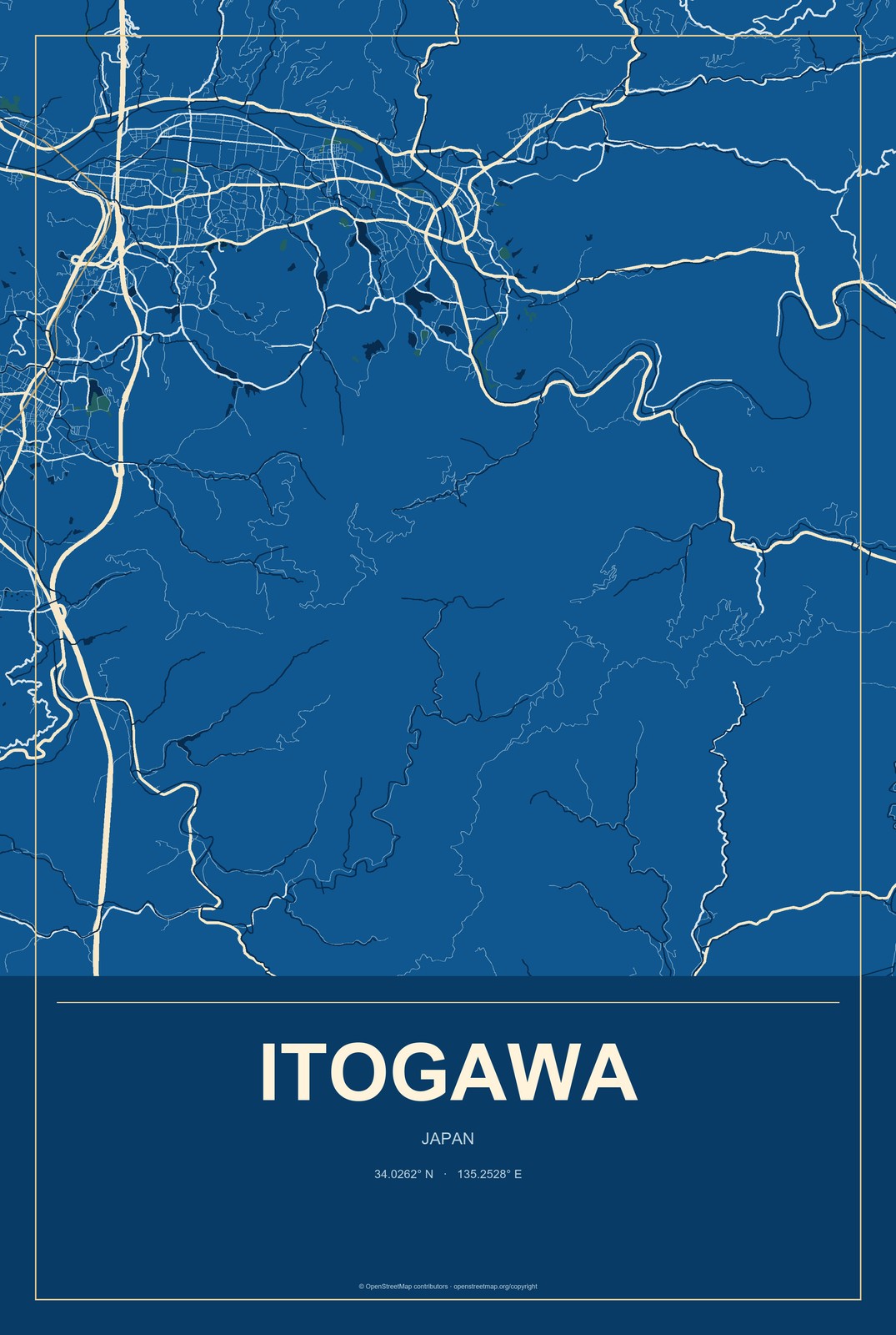 Itogawa, Japan City Map Aluminum Sign in Harbor Cobalt style