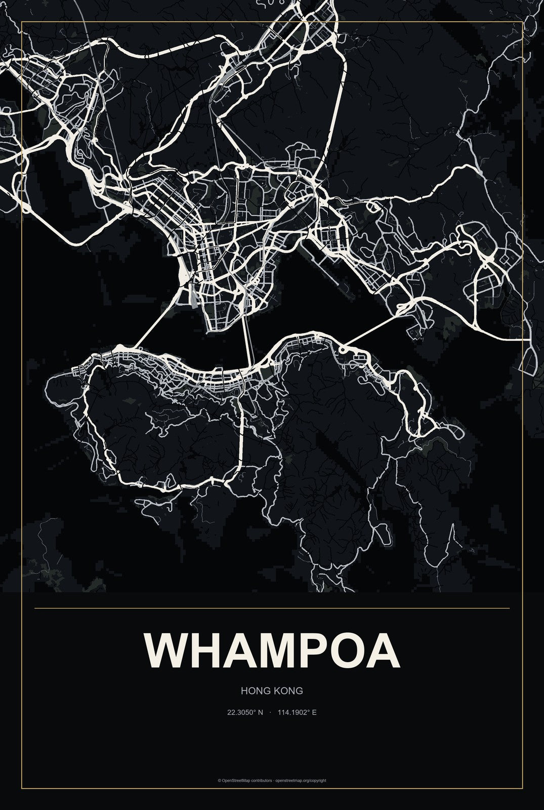 Whampoa, Hong Kong City Map Aluminum Sign in Metropolitan Noir style
