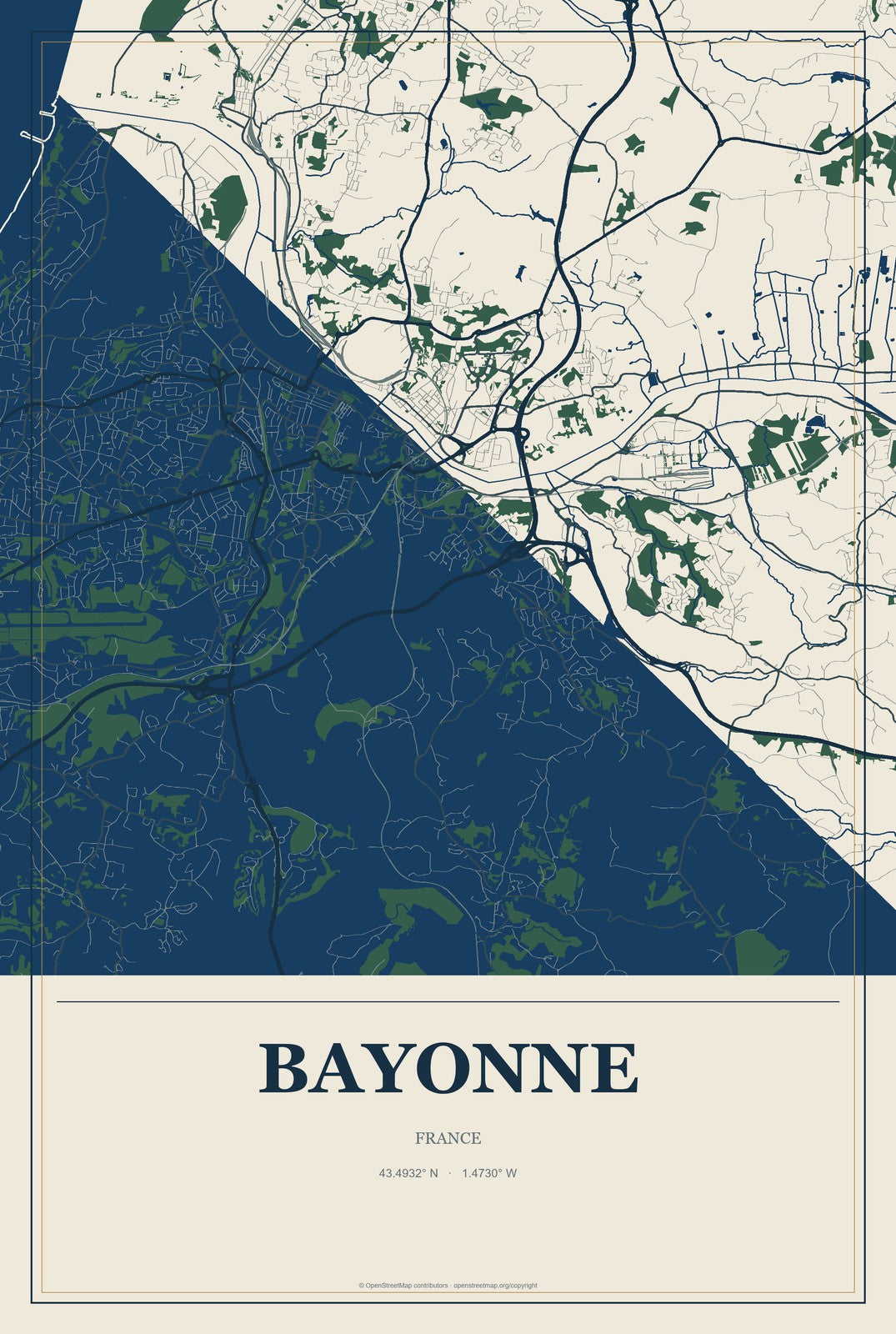 Bayonne, France City Map Aluminum Sign in Coastal Cutout style