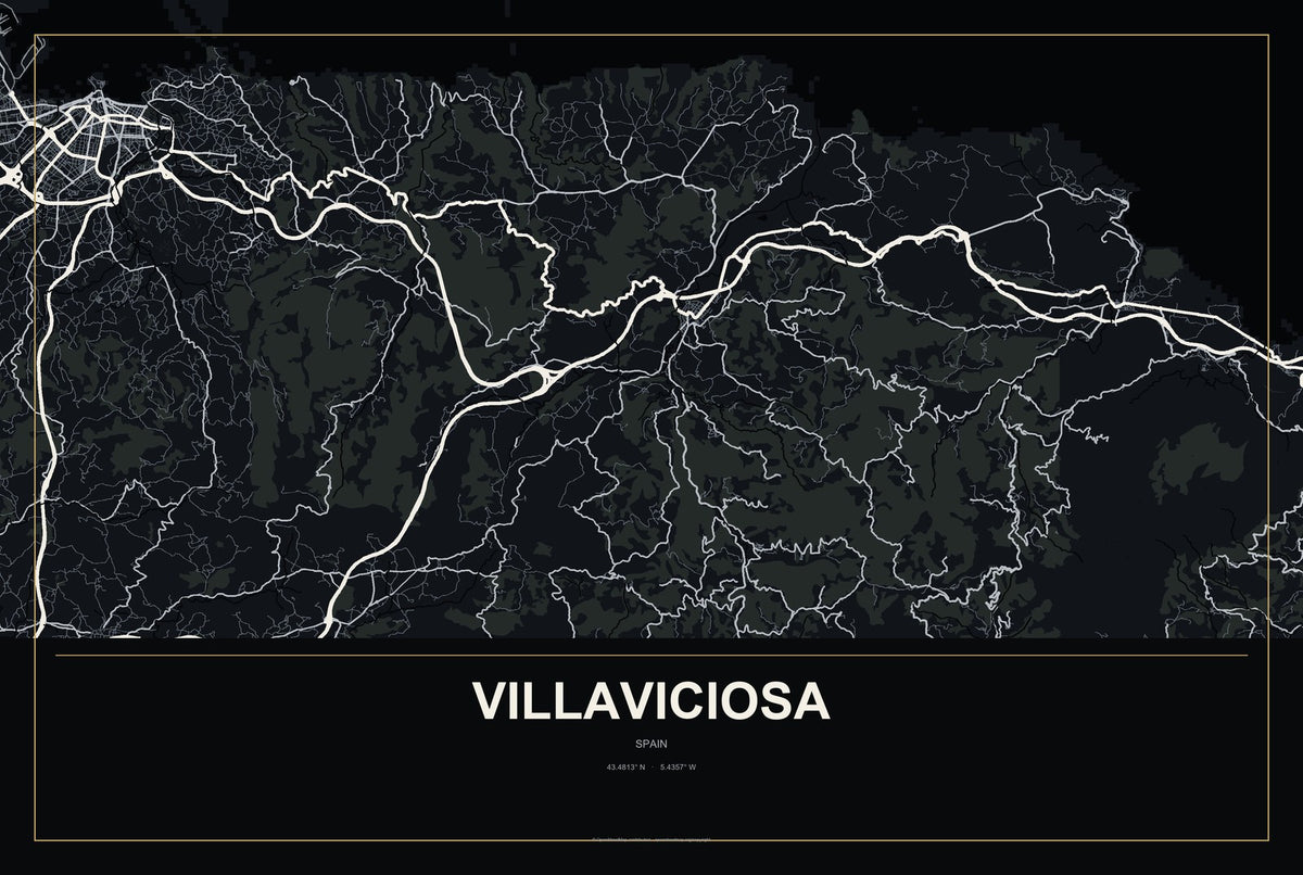 Villaviciosa, Spain City Map Aluminum Sign in Metropolitan Noir style