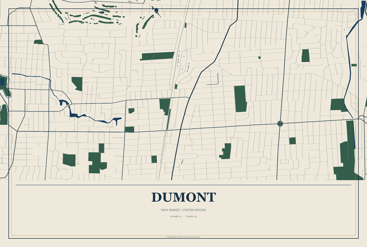 Dumont, New Jersey City Map Aluminum Sign in Coastal Cutout style