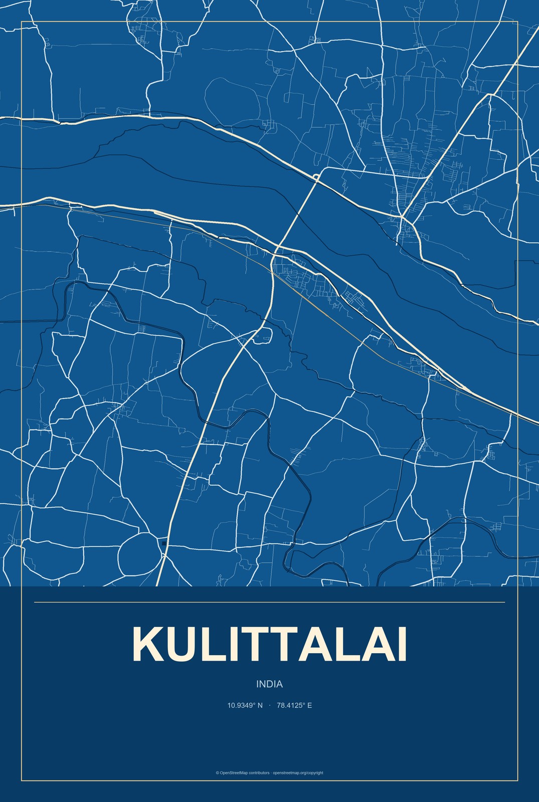 Kulittalai, India City Map Aluminum Sign in Harbor Cobalt style