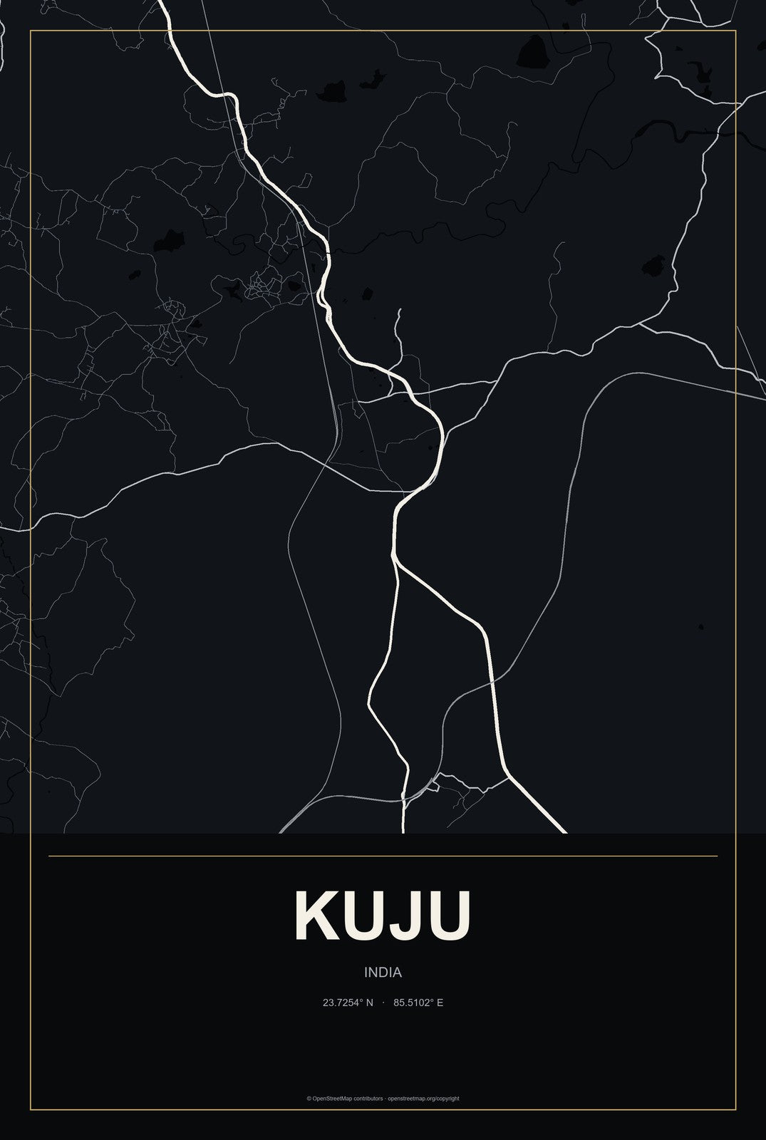 Kuju, India City Map Aluminum Sign in Metropolitan Noir style