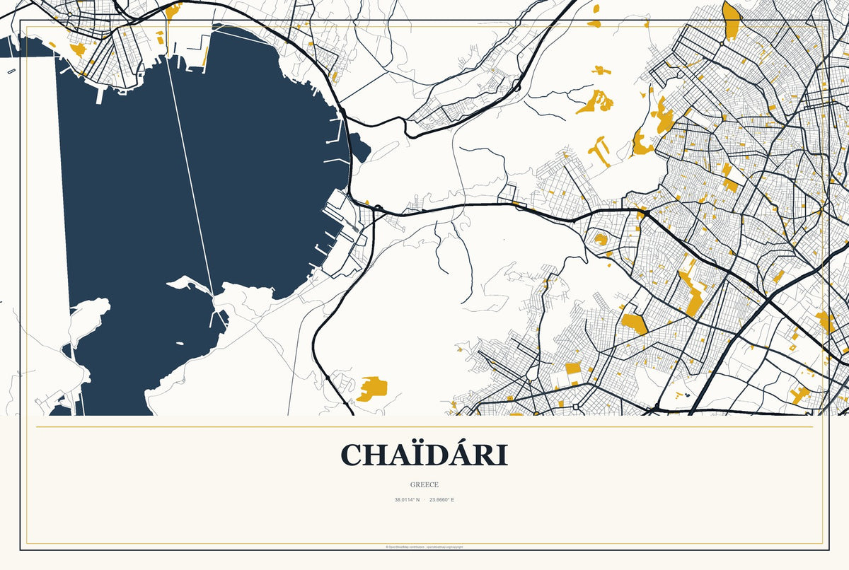 Chaïdári, Greece City Map Aluminum Sign in Citrine Modern style