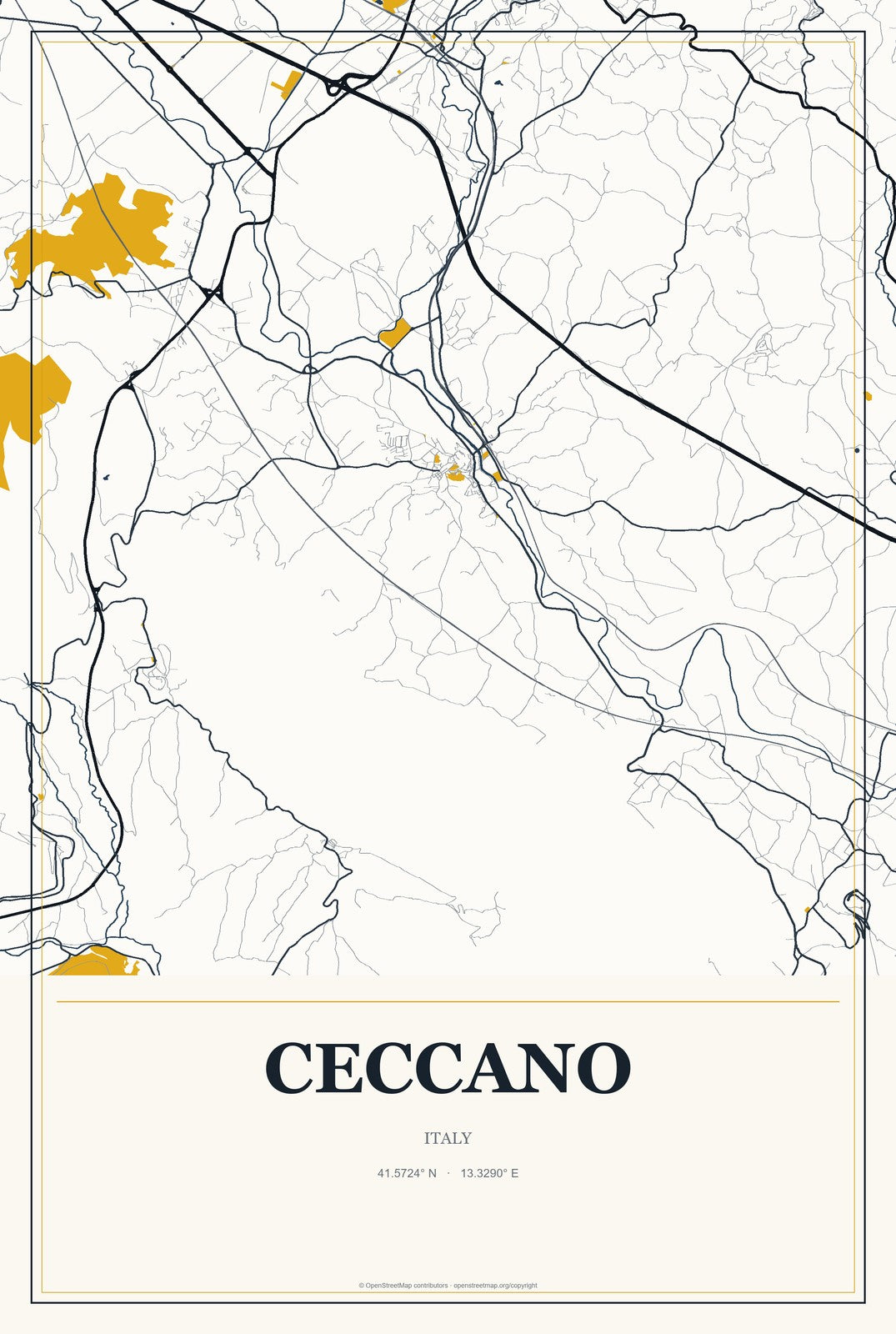 Ceccano, Italy City Map Aluminum Sign in Citrine Modern style