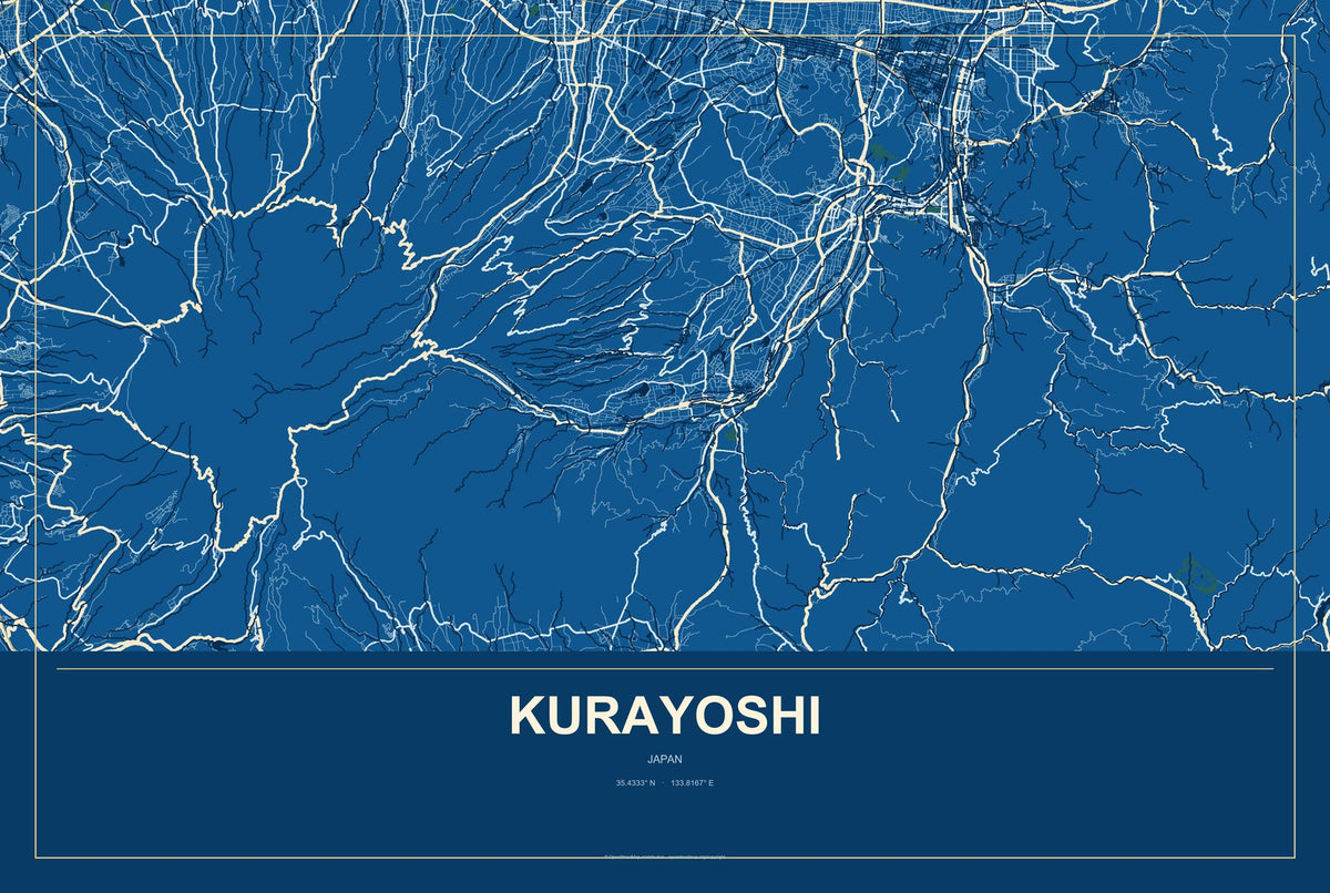 Kurayoshi, Japan City Map Aluminum Sign in Harbor Cobalt style