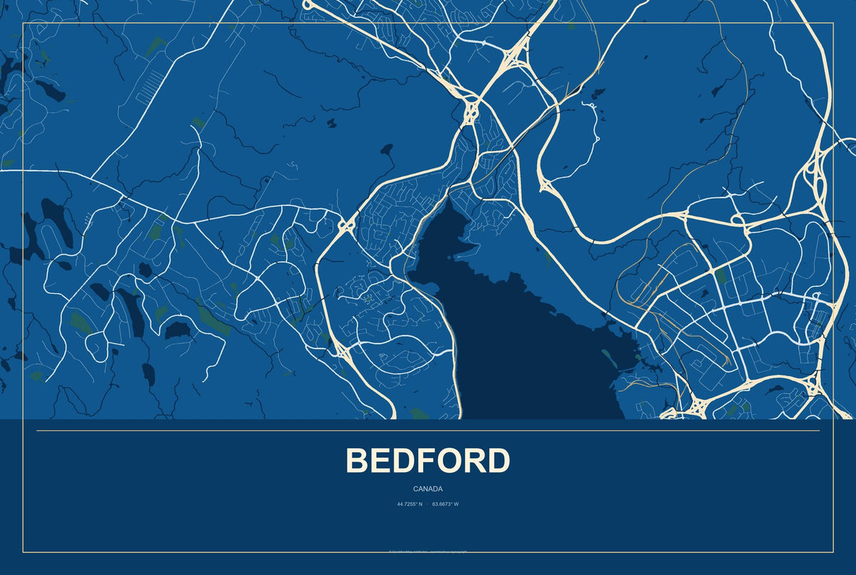 Bedford, Canada City Map Aluminum Sign in Harbor Cobalt style