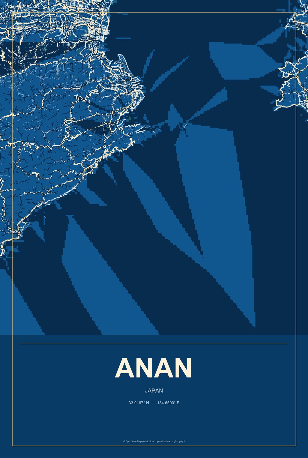 Anan, Japan City Map Aluminum Sign in Harbor Cobalt style