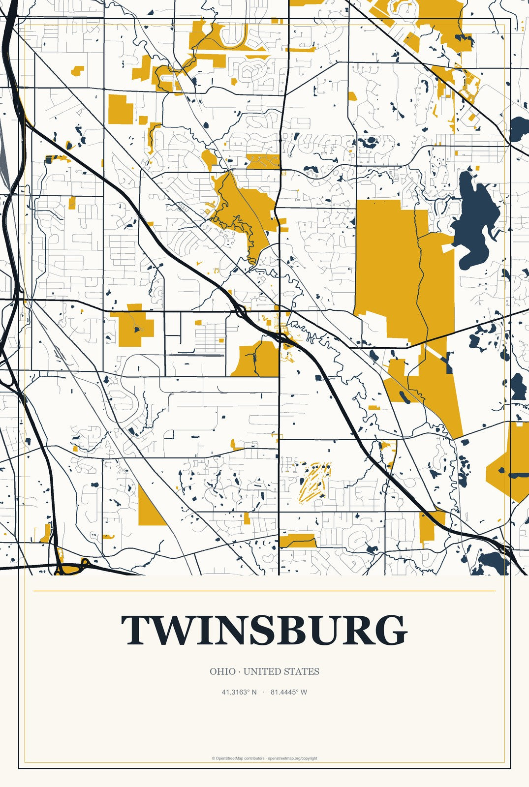 Twinsburg, Ohio City Map Aluminum Sign in Citrine Modern style