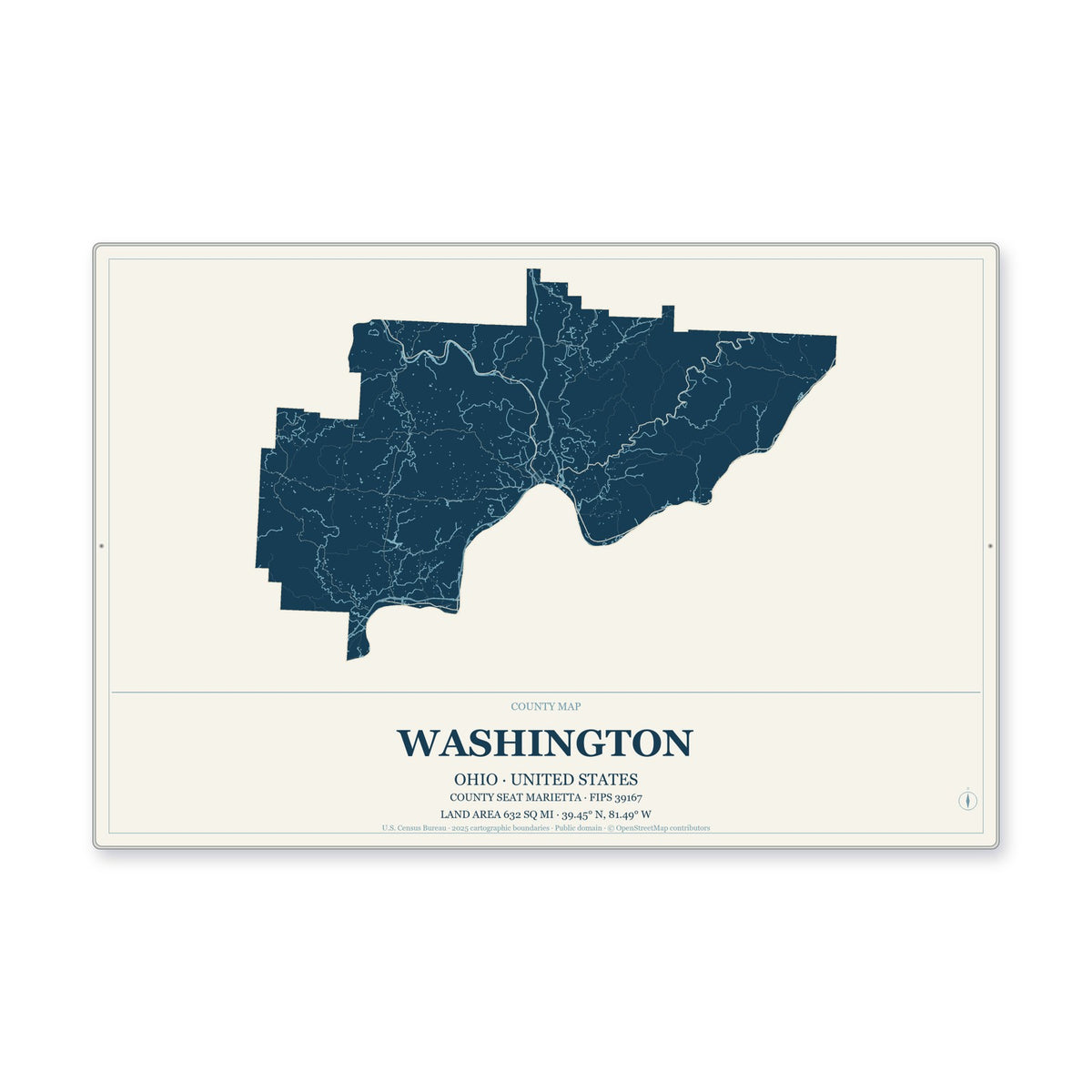 Washington County, Ohio Map Aluminum Sign in Coastal Cutout style
