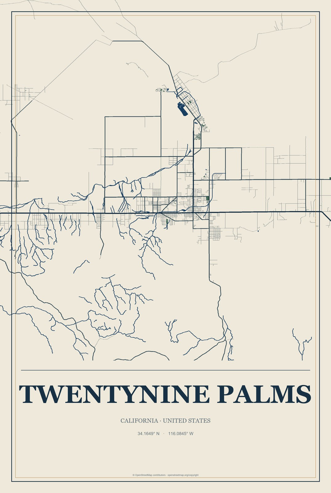 Twentynine Palms, California City Map Aluminum Sign in Coastal Cutout style