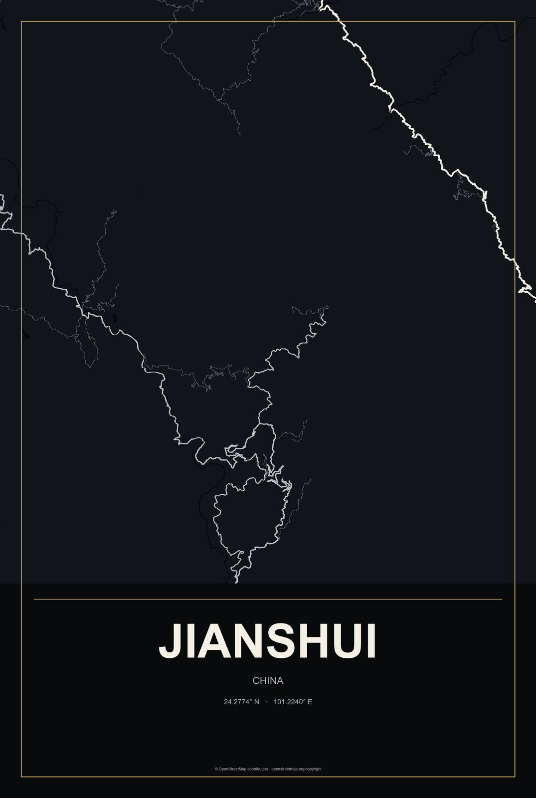 Jianshui, China City Map Aluminum Sign in Metropolitan Noir style