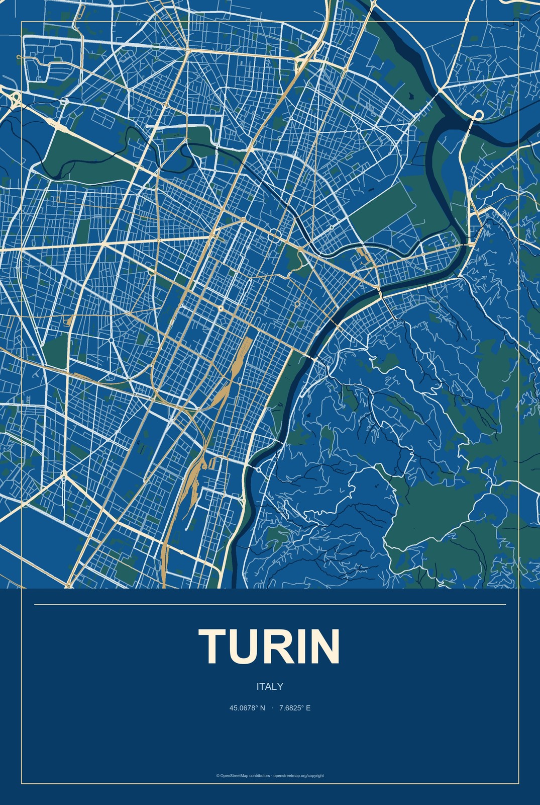 Turin, Italy City Map Aluminum Sign in Harbor Cobalt style