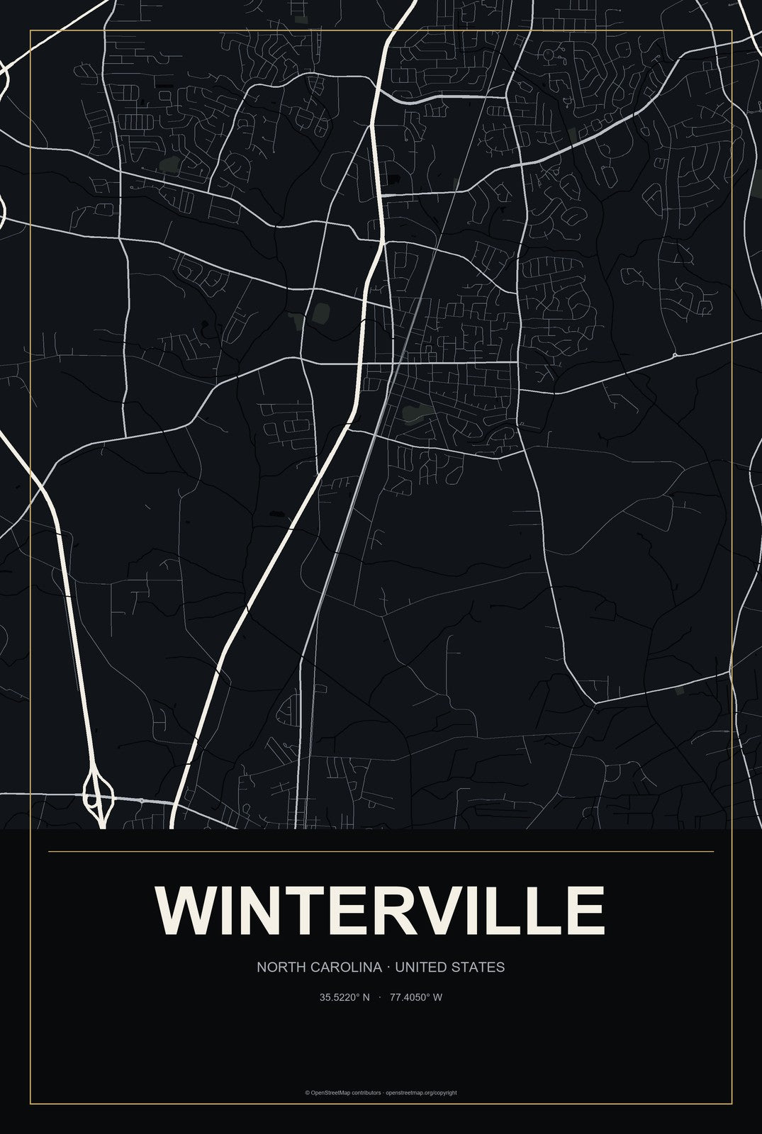 Winterville, North Carolina City Map Aluminum Sign in Metropolitan Noir style