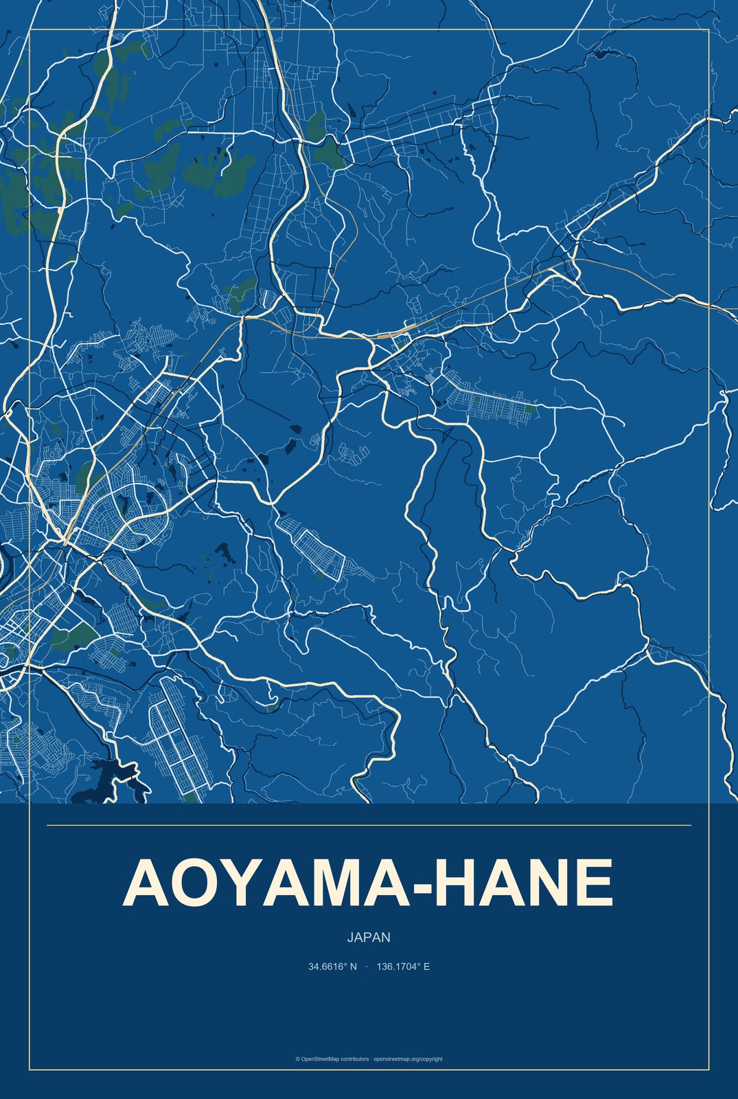 Aoyama-hane, Japan City Map Aluminum Sign in Harbor Cobalt style