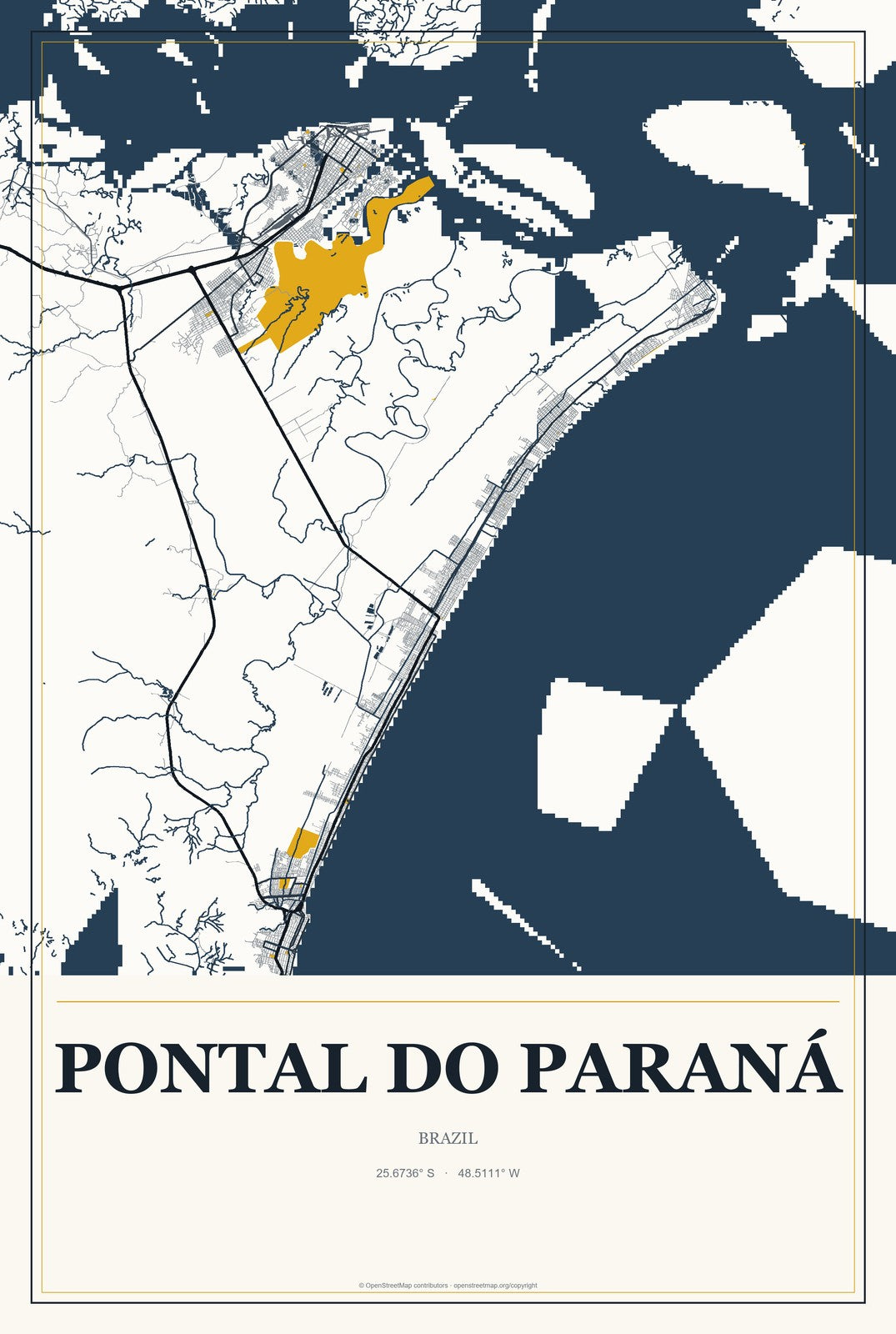 Pontal do Paraná, Brazil City Map Aluminum Sign in Citrine Modern style
