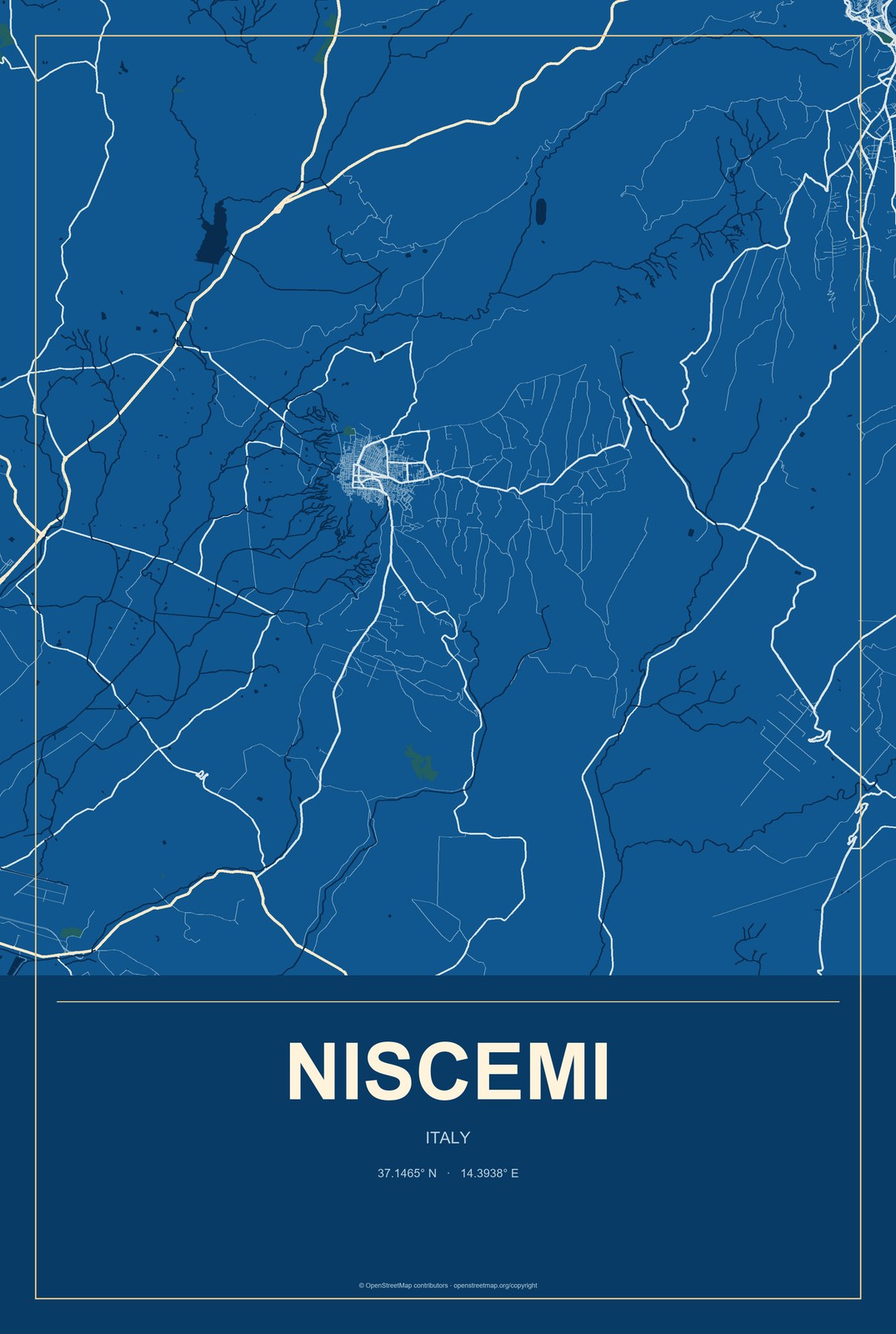 Niscemi, Italy City Map Aluminum Sign in Harbor Cobalt style