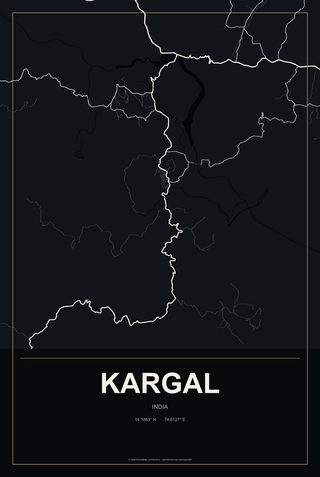 Kargal, India City Map Aluminum Sign in Metropolitan Noir style