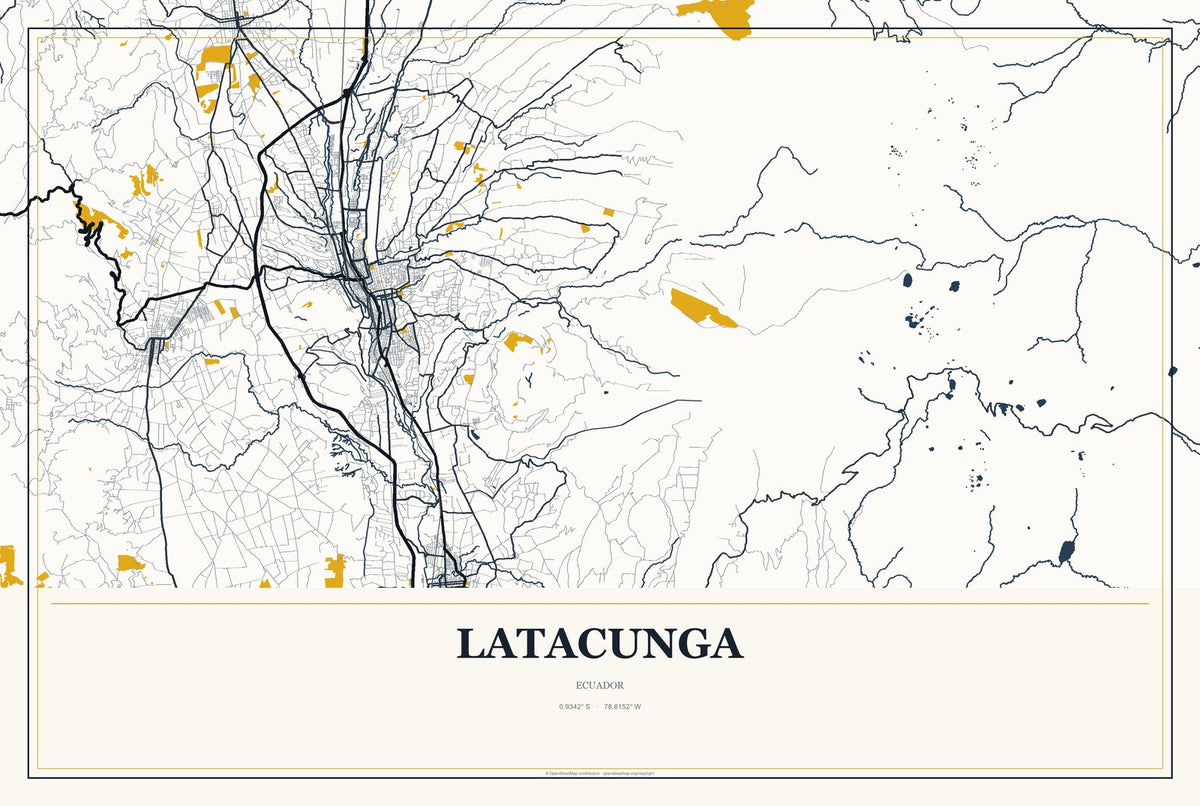 Latacunga, Ecuador City Map Aluminum Sign in Citrine Modern style