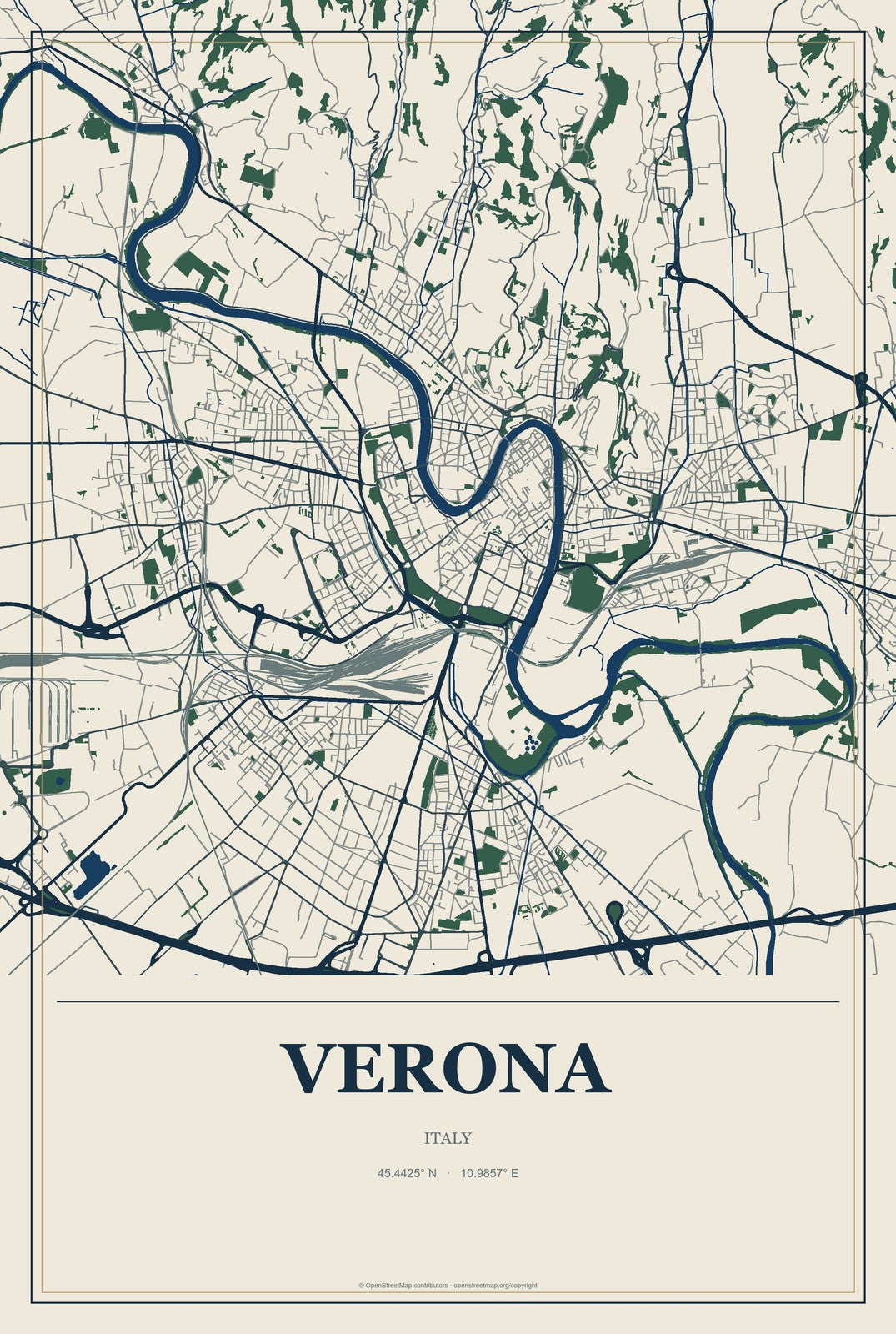 Verona, Italy City Map Aluminum Sign in Coastal Cutout style