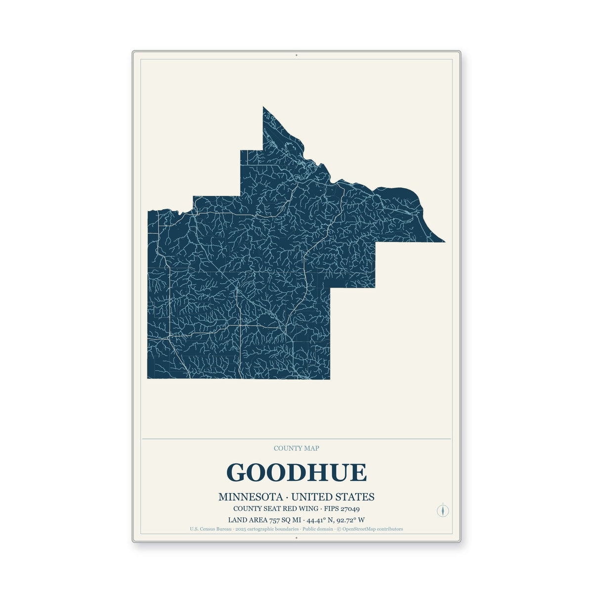 Goodhue County, Minnesota Map Aluminum Sign in Coastal Cutout style