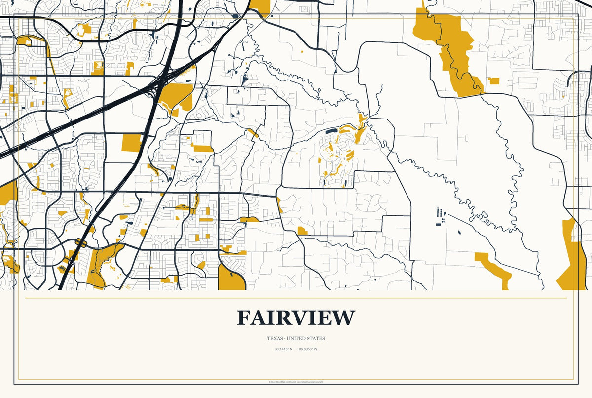 Fairview, Texas City Map Aluminum Sign in Citrine Modern style
