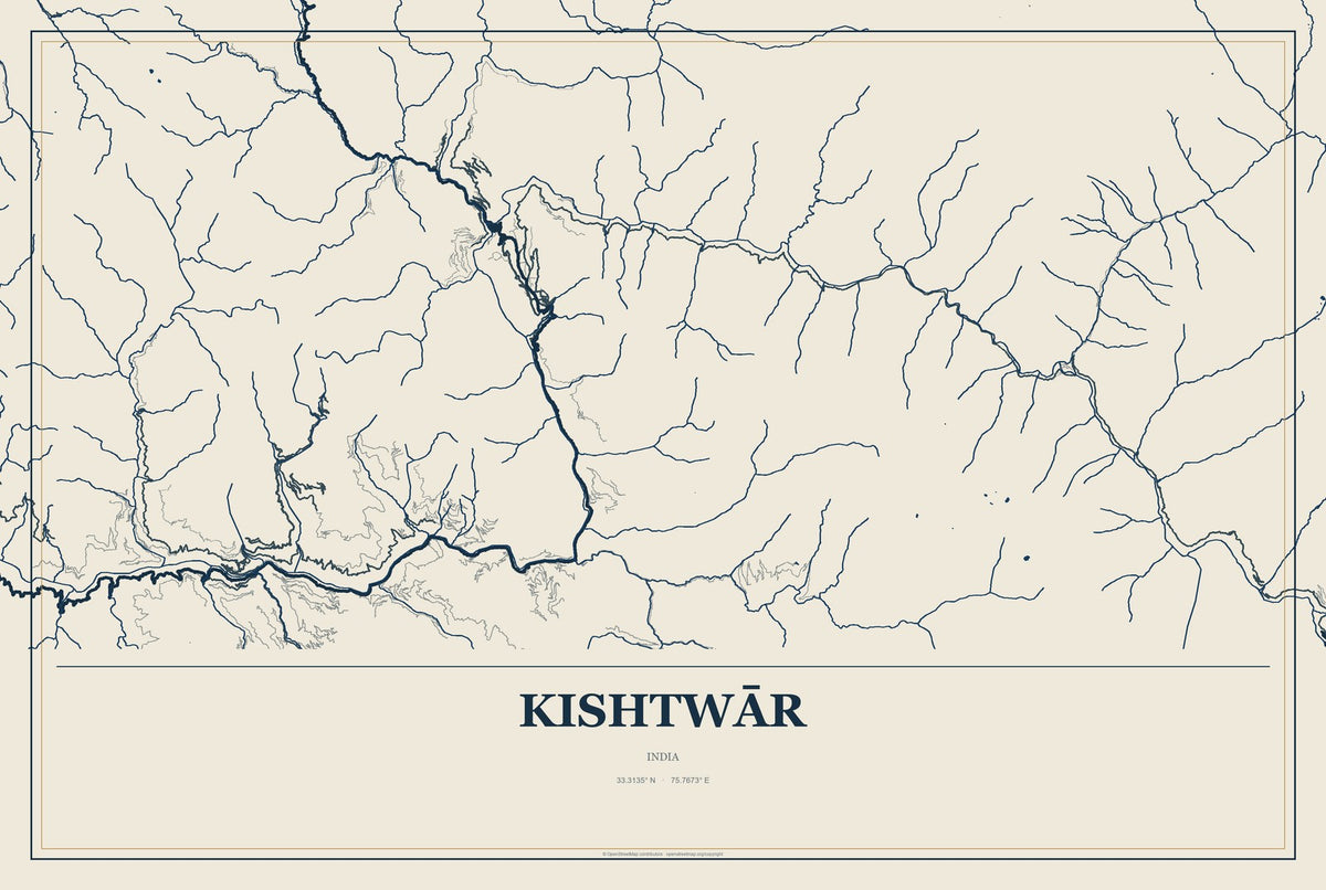 Kishtwār, India City Map Aluminum Sign in Coastal Cutout style