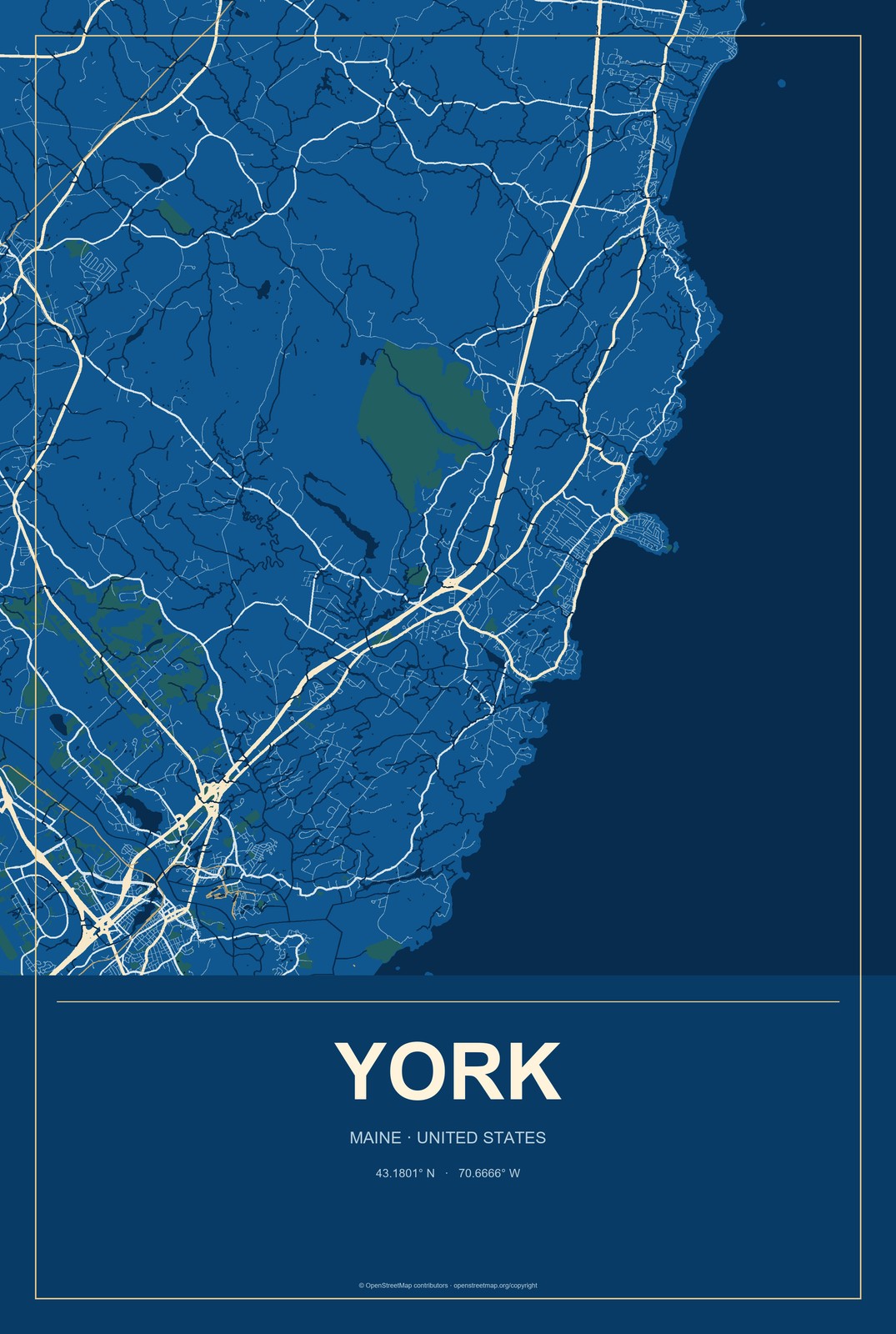 York, Maine City Map Aluminum Sign in Harbor Cobalt style
