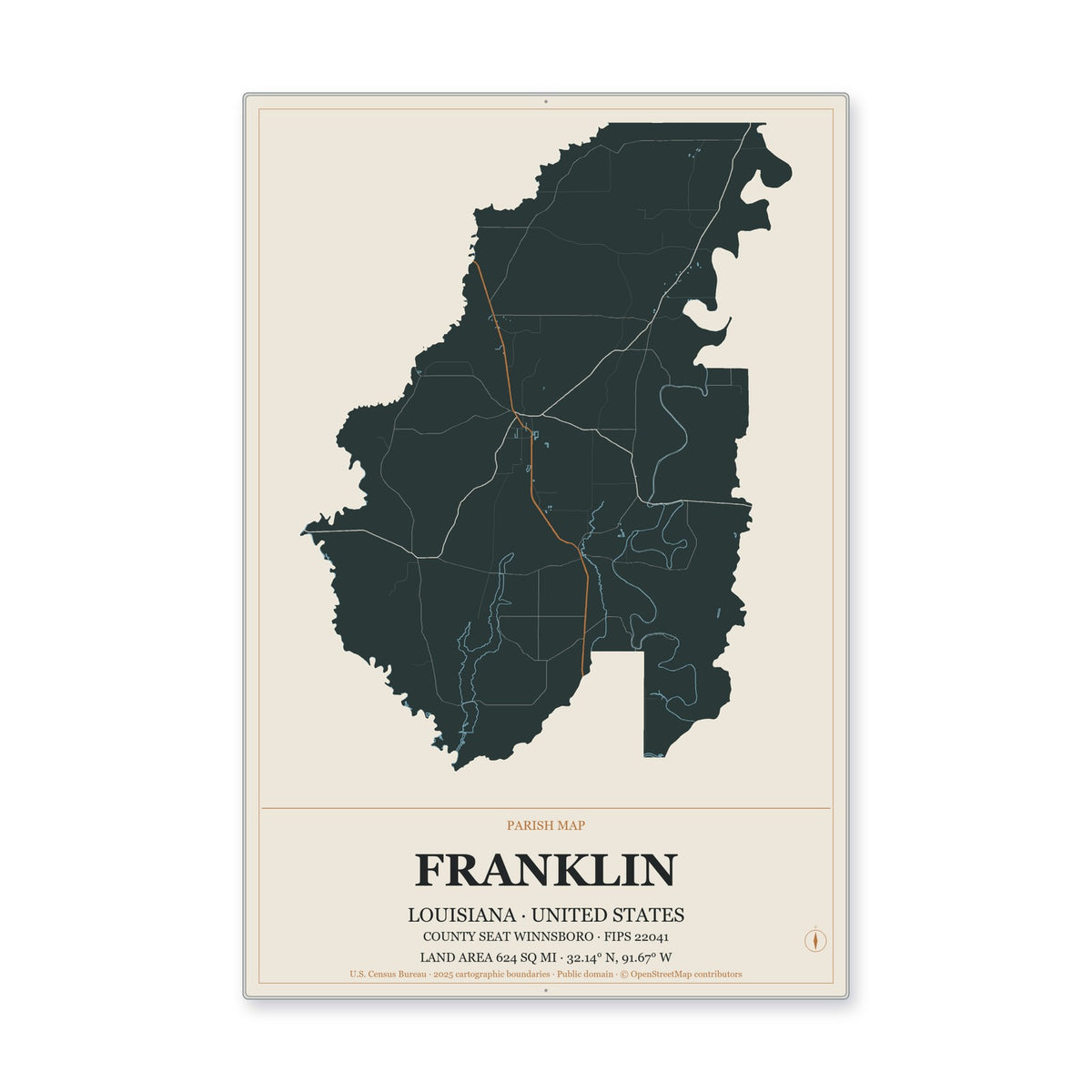 Franklin Parish, Louisiana Map Aluminum Sign in Headline Atlas style