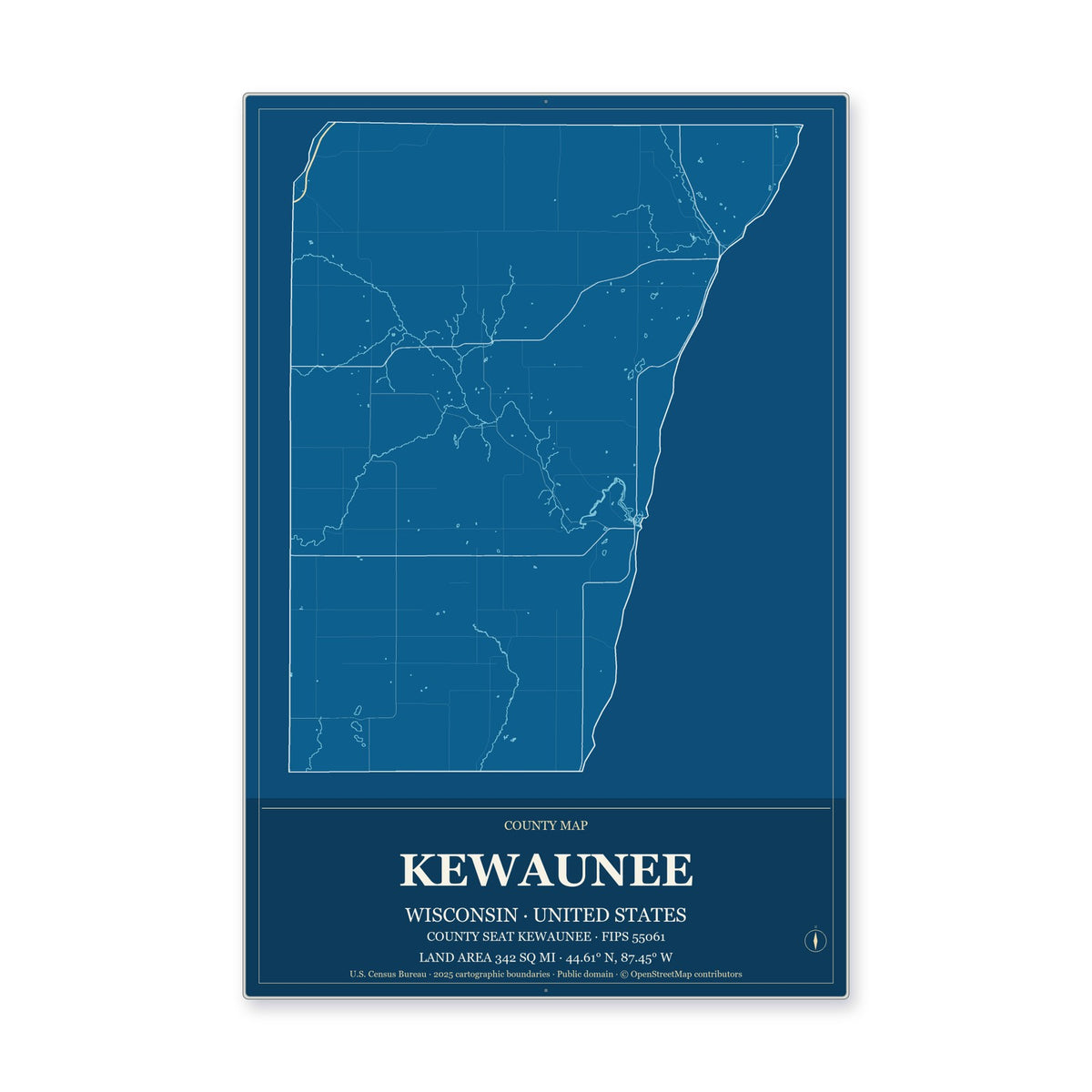 Kewaunee County, Wisconsin Map Aluminum Sign in Harbor Cobalt style