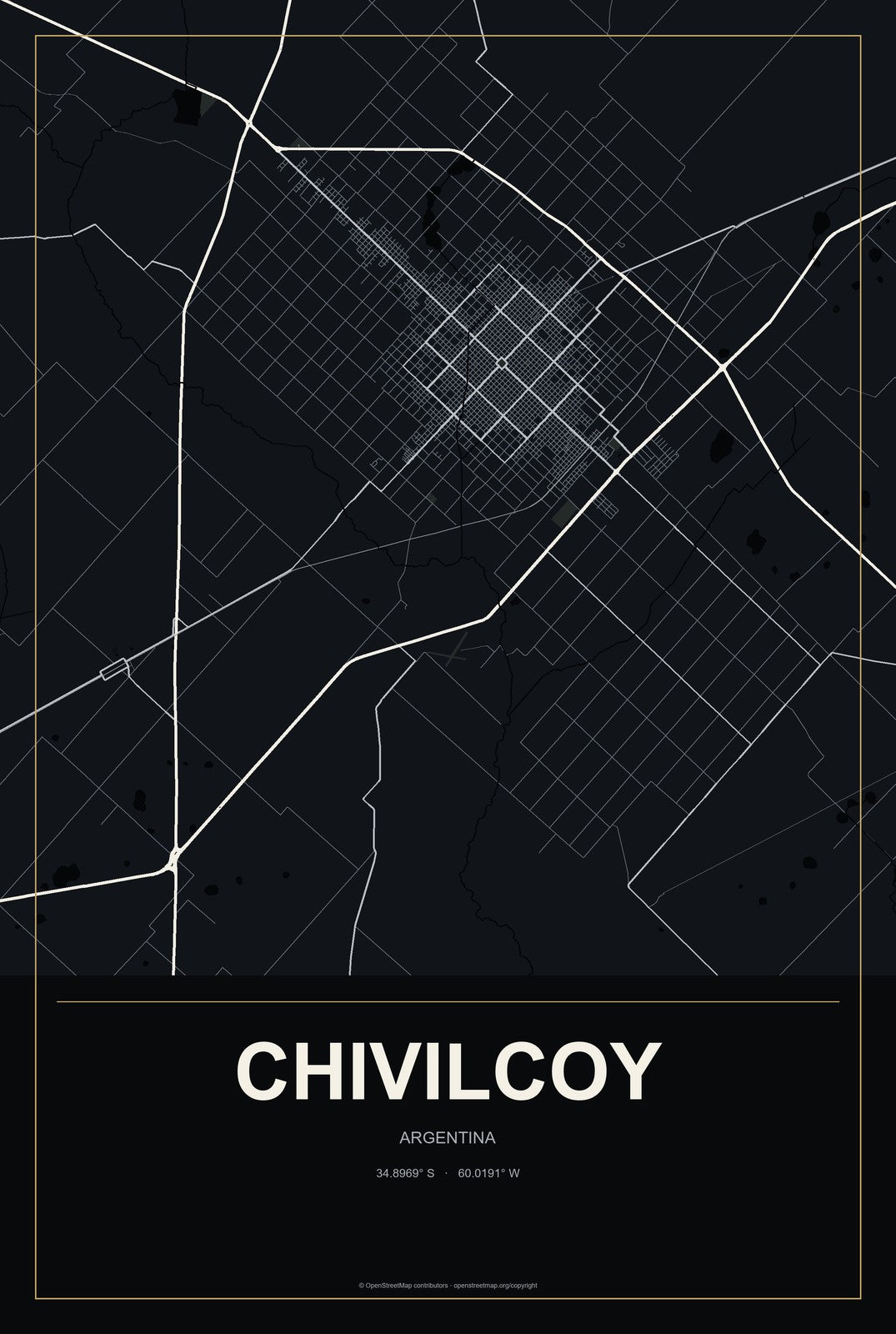 Chivilcoy, Argentina City Map Aluminum Sign in Metropolitan Noir style