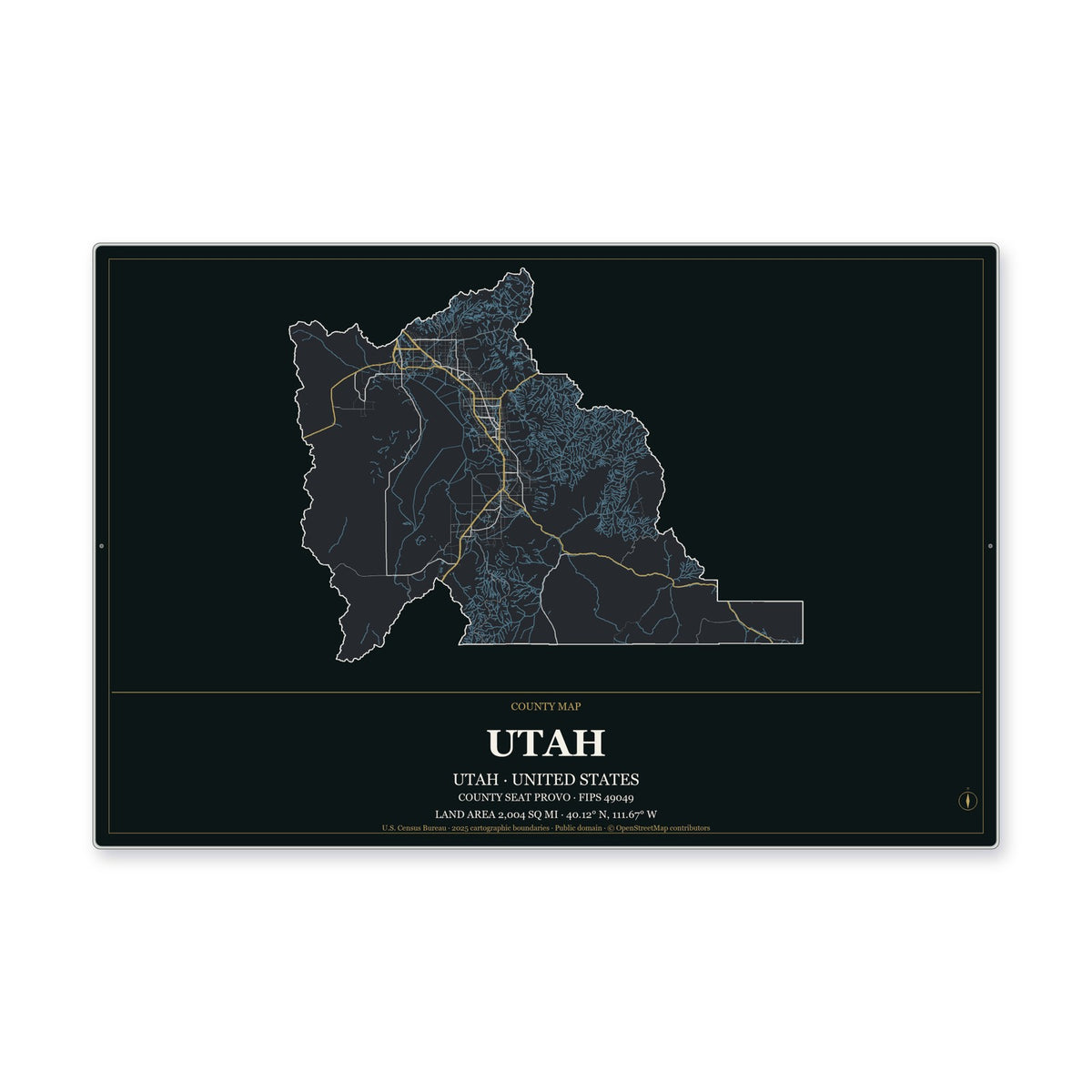 Utah County, Utah Map Aluminum Sign in Metropolitan Noir style