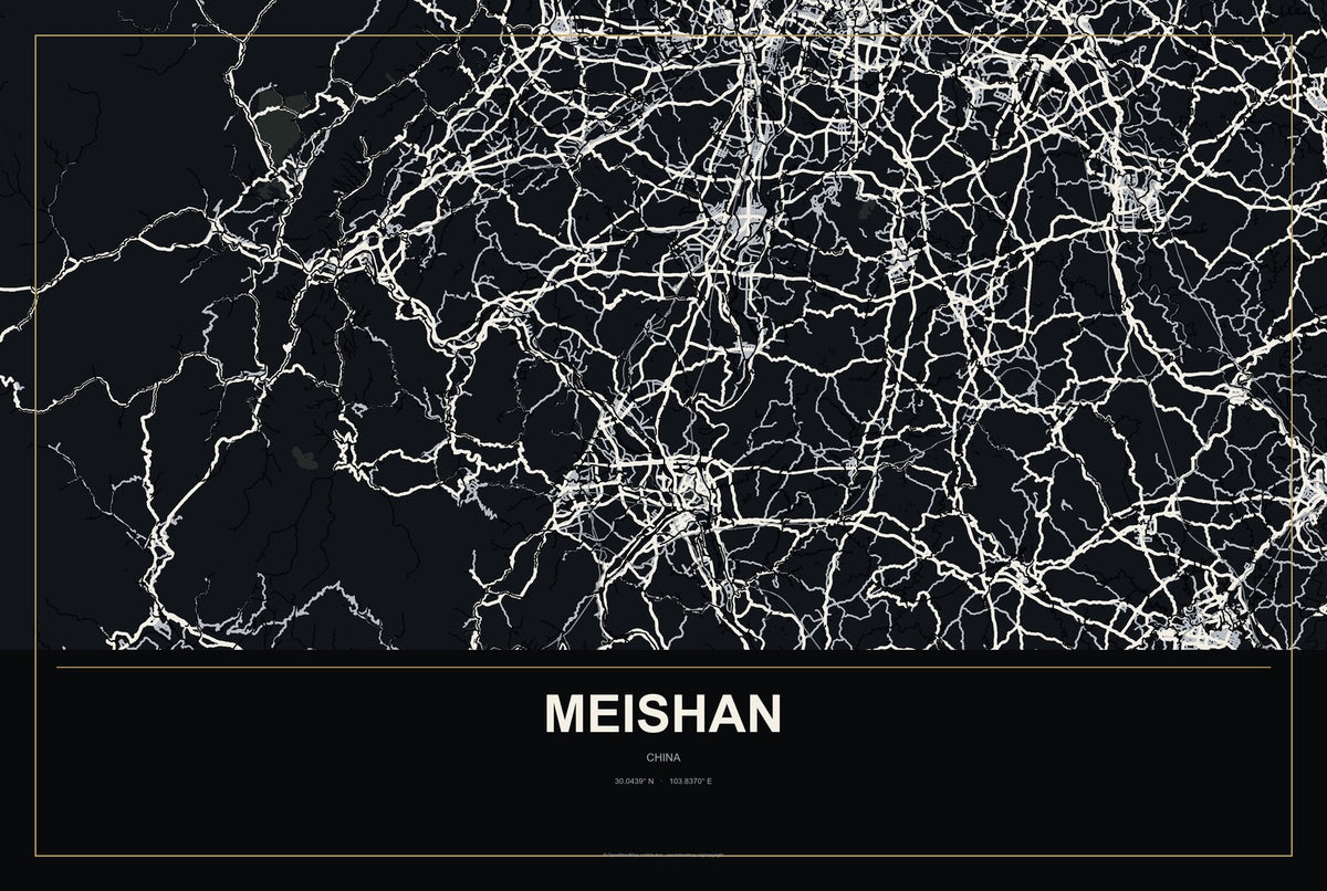 Meishan, China City Map Aluminum Sign in Metropolitan Noir style