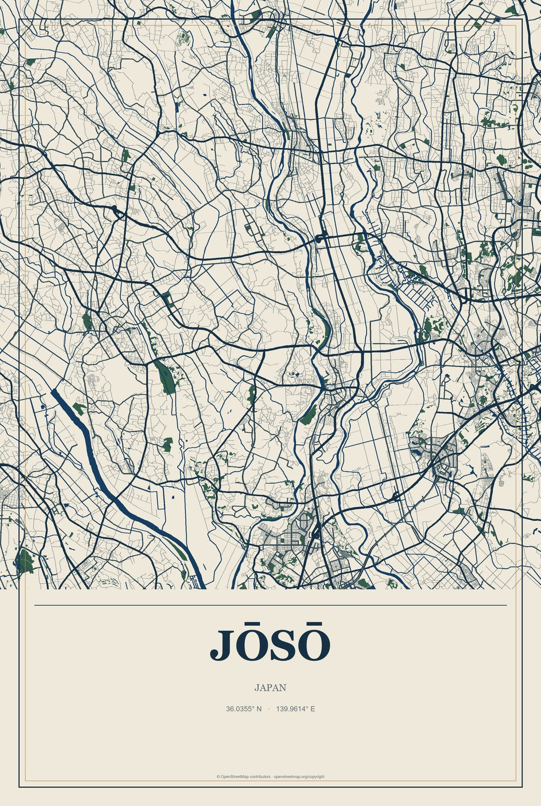 Jōsō, Japan City Map Aluminum Sign in Coastal Cutout style