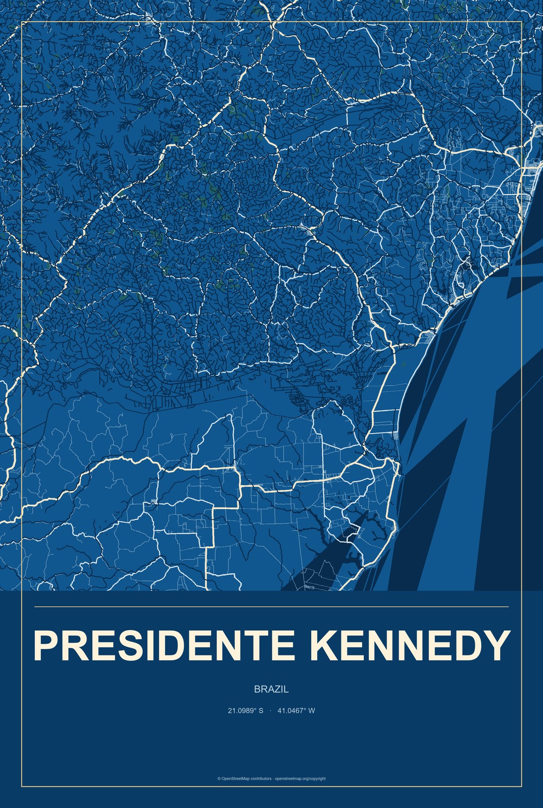 Presidente Kennedy, Brazil City Map Aluminum Sign in Harbor Cobalt style