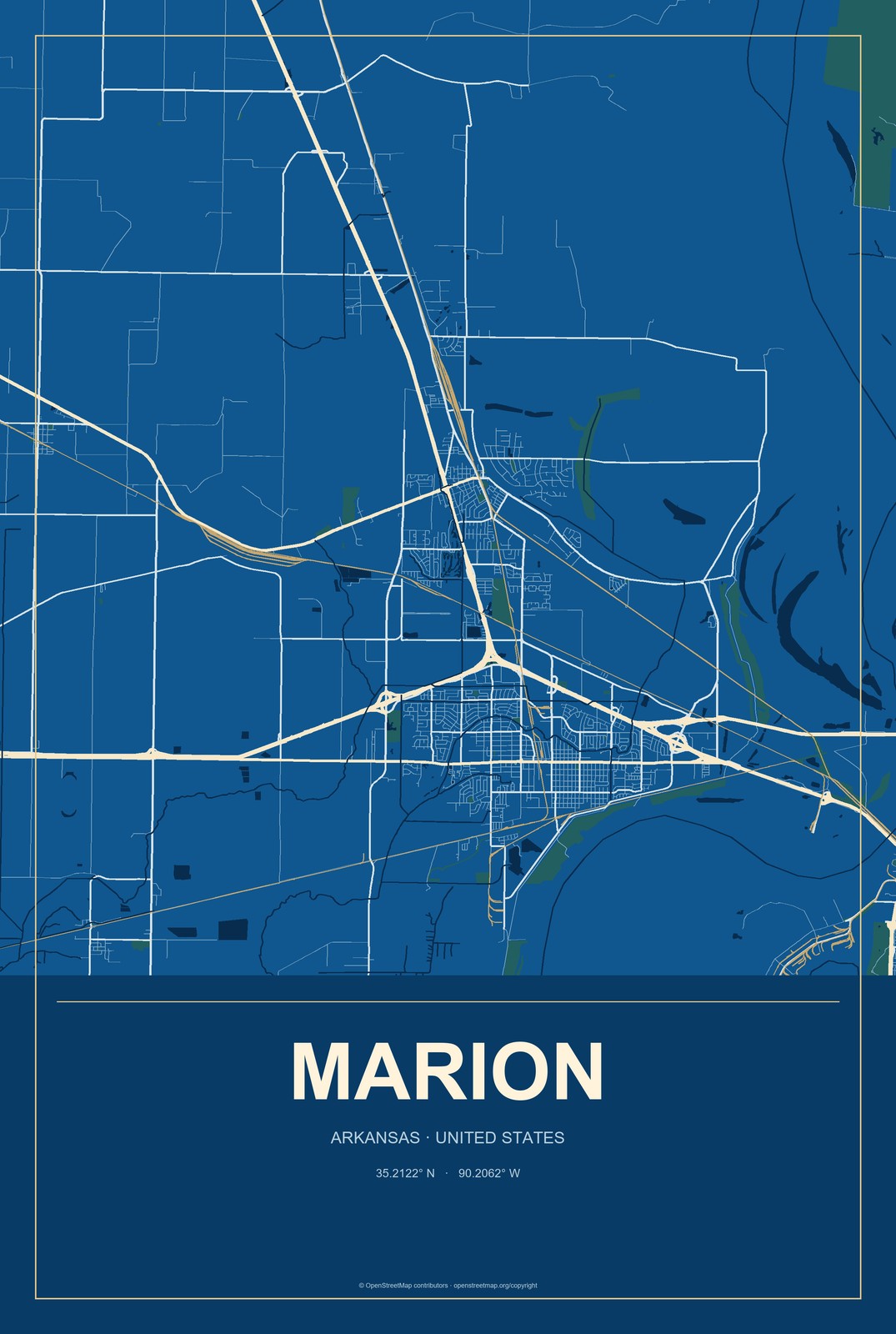 Marion, Arkansas City Map Aluminum Sign in Harbor Cobalt style
