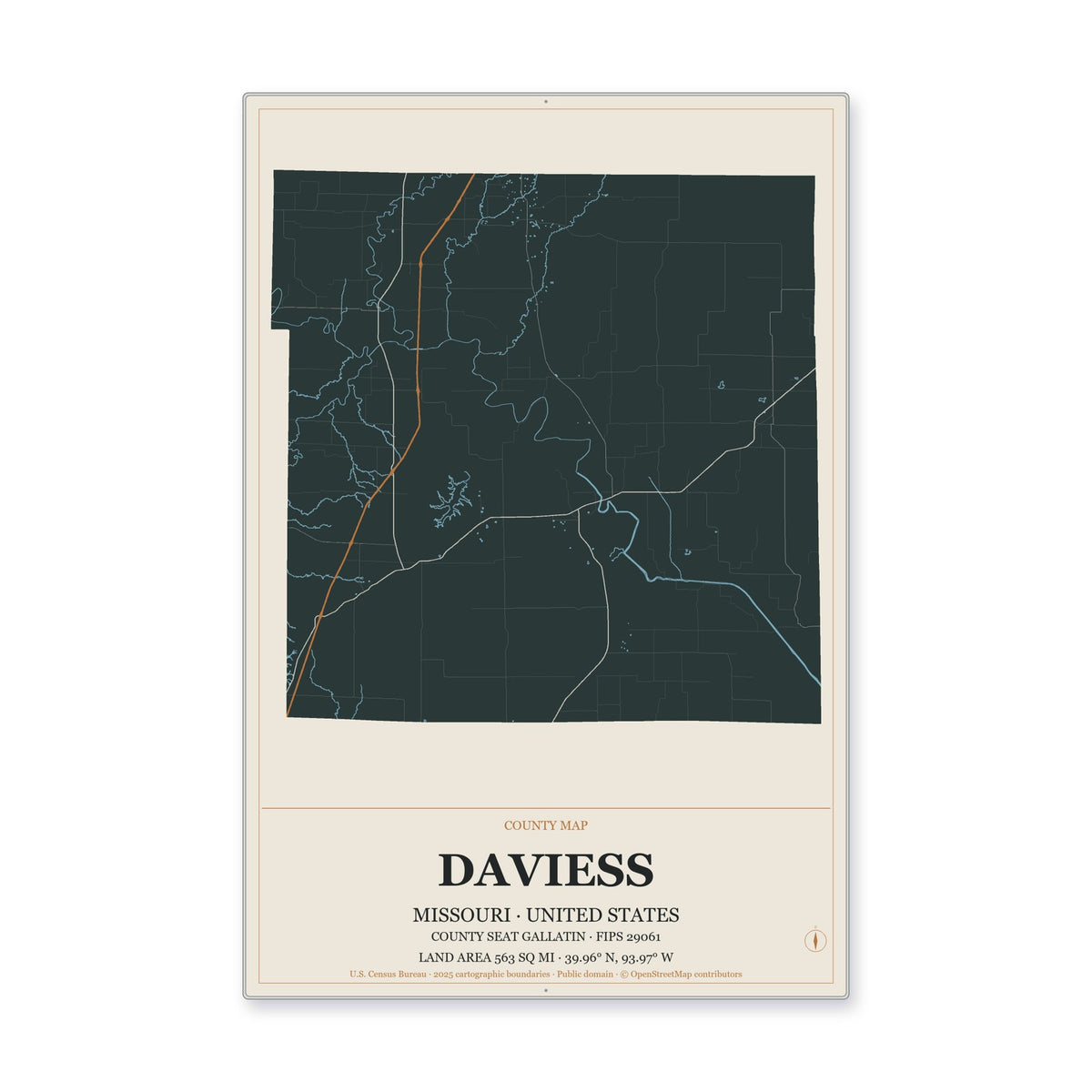 Daviess County, Missouri Map Aluminum Sign in Headline Atlas style