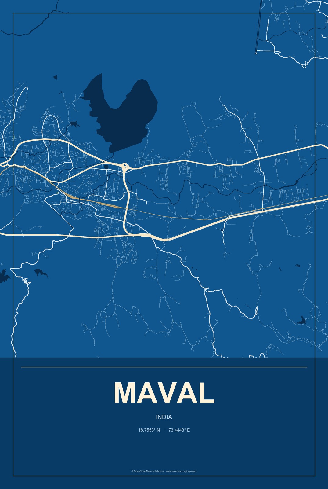 Maval, India City Map Aluminum Sign in Harbor Cobalt style