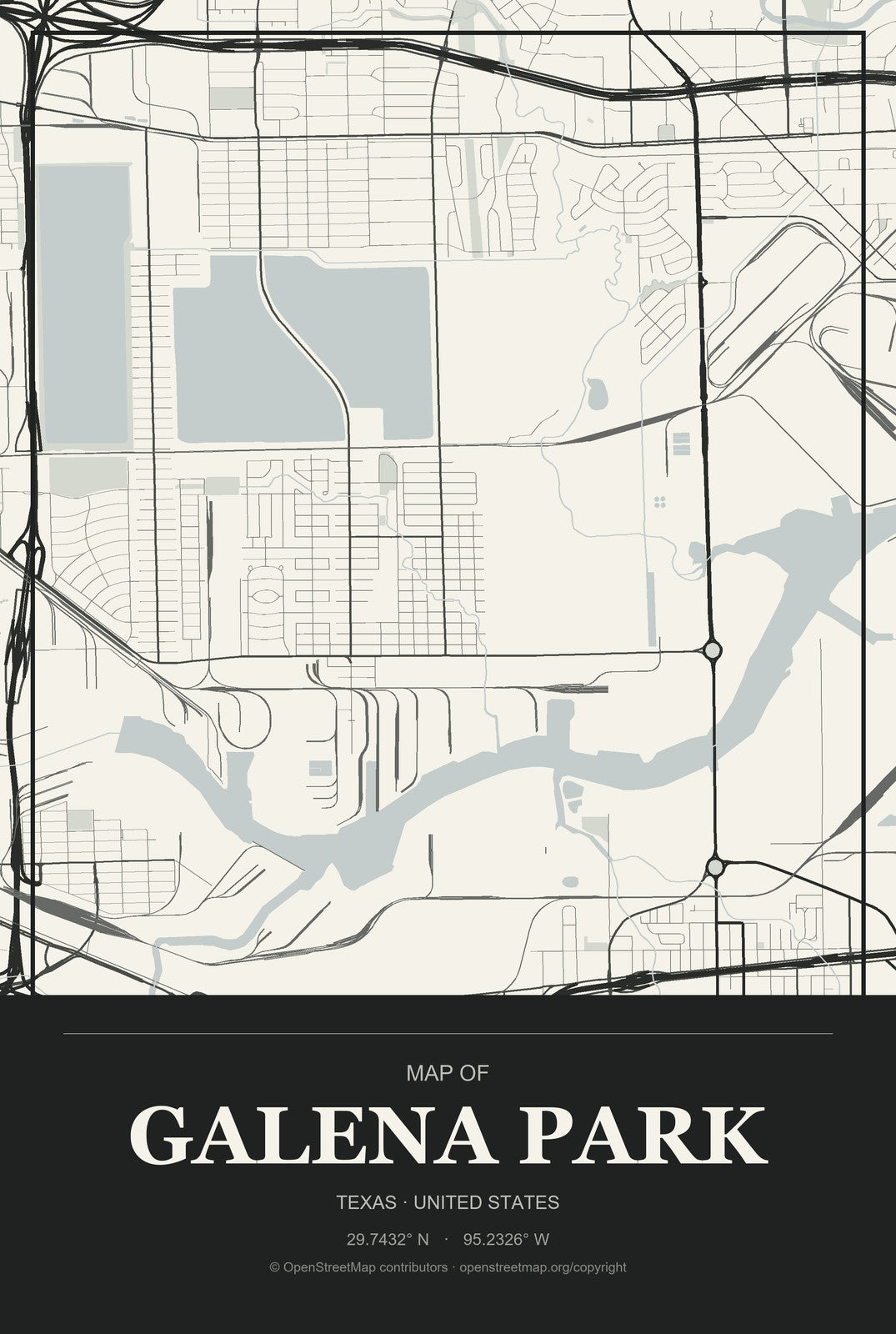 Galena Park, Texas City Map Aluminum Sign in Museum Plaque style