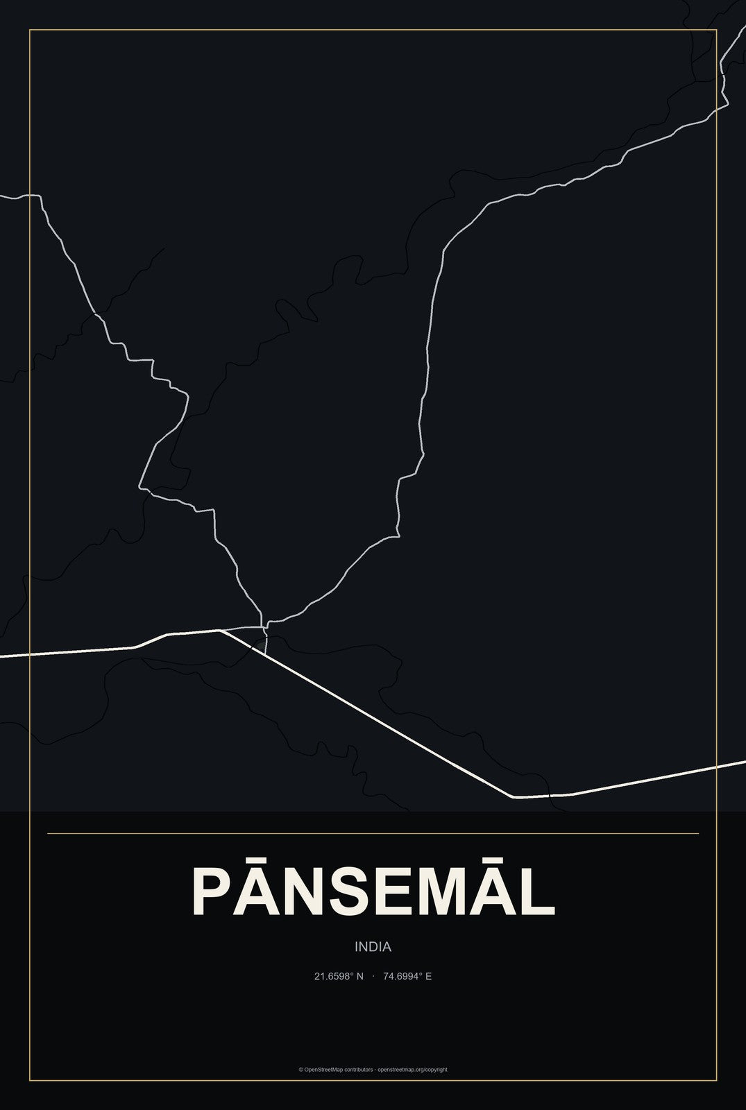 Pānsemāl, India City Map Aluminum Sign in Metropolitan Noir style