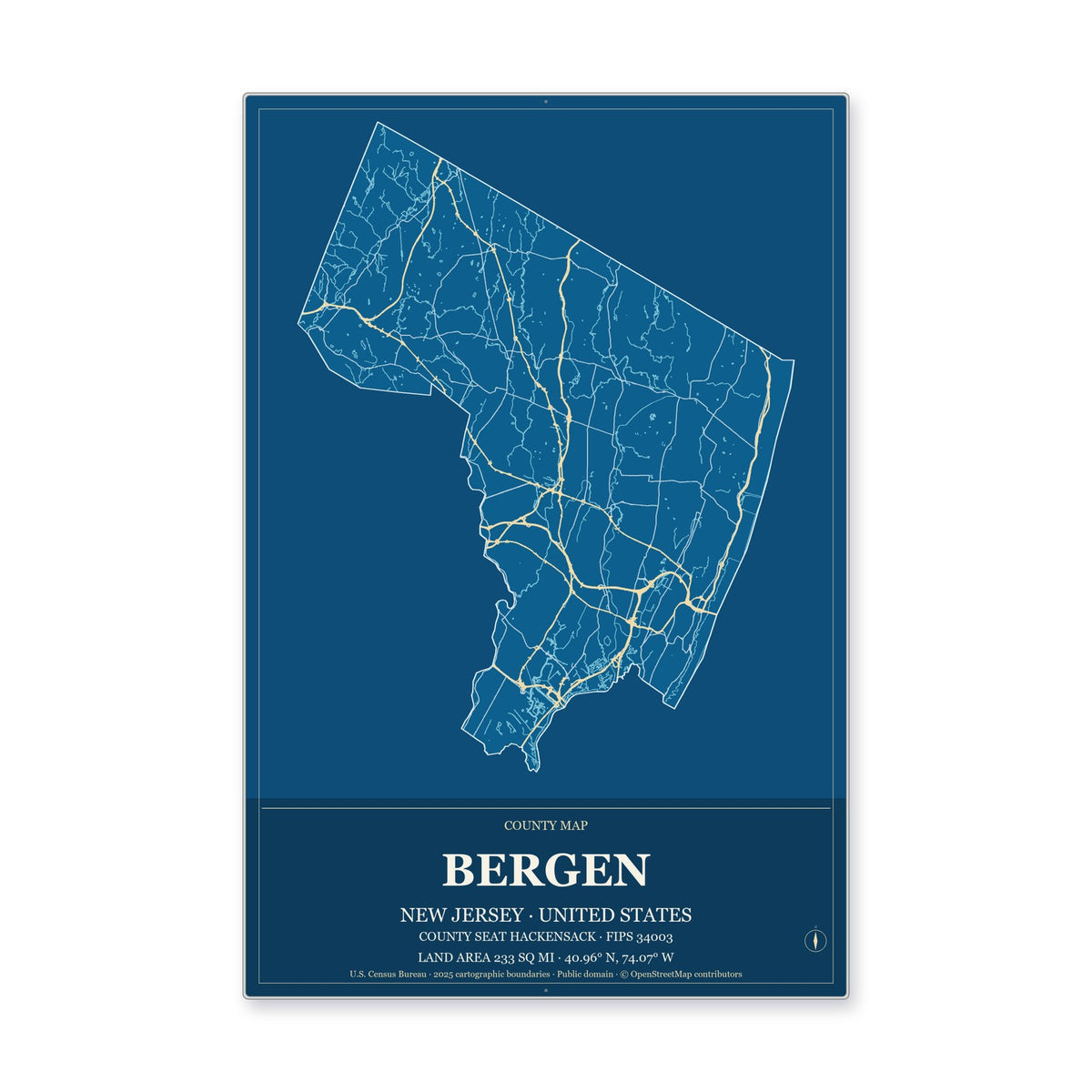 Bergen County, New Jersey Map Aluminum Sign in Harbor Cobalt style