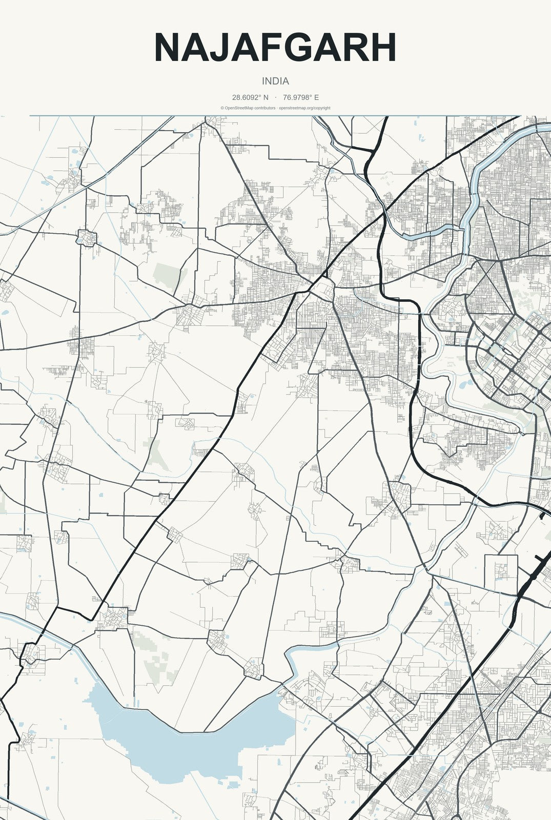 Najafgarh, India City Map Aluminum Sign in Headline Atlas style