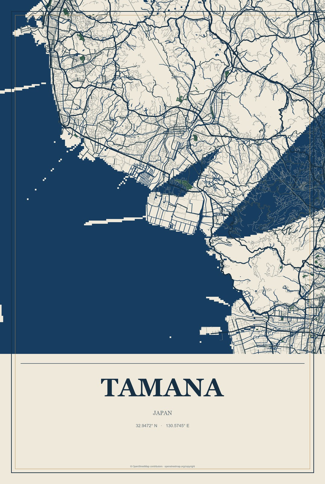 Tamana, Japan City Map Aluminum Sign in Coastal Cutout style