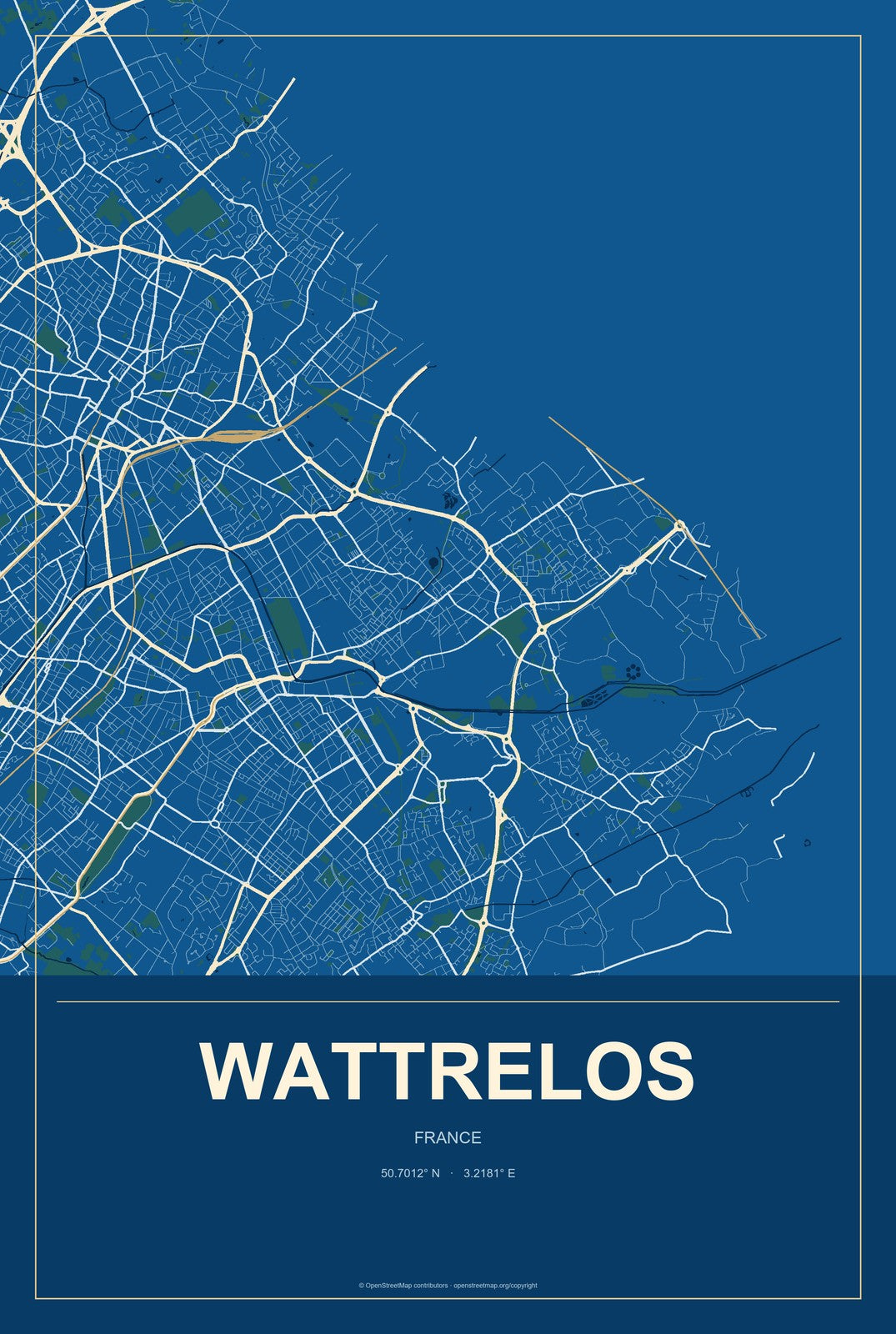 Wattrelos, France City Map Aluminum Sign in Harbor Cobalt style