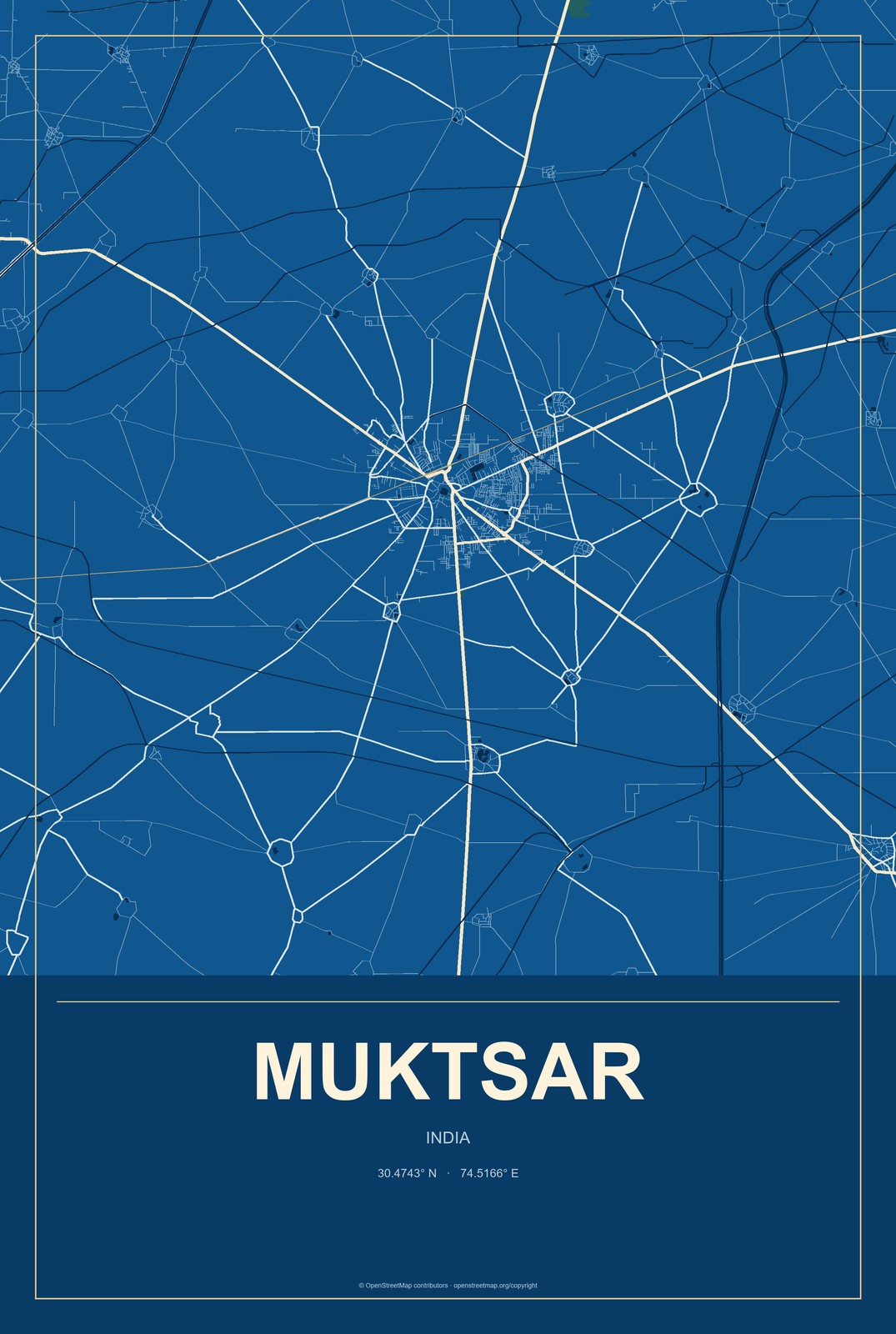 Muktsar, India City Map Aluminum Sign in Harbor Cobalt style