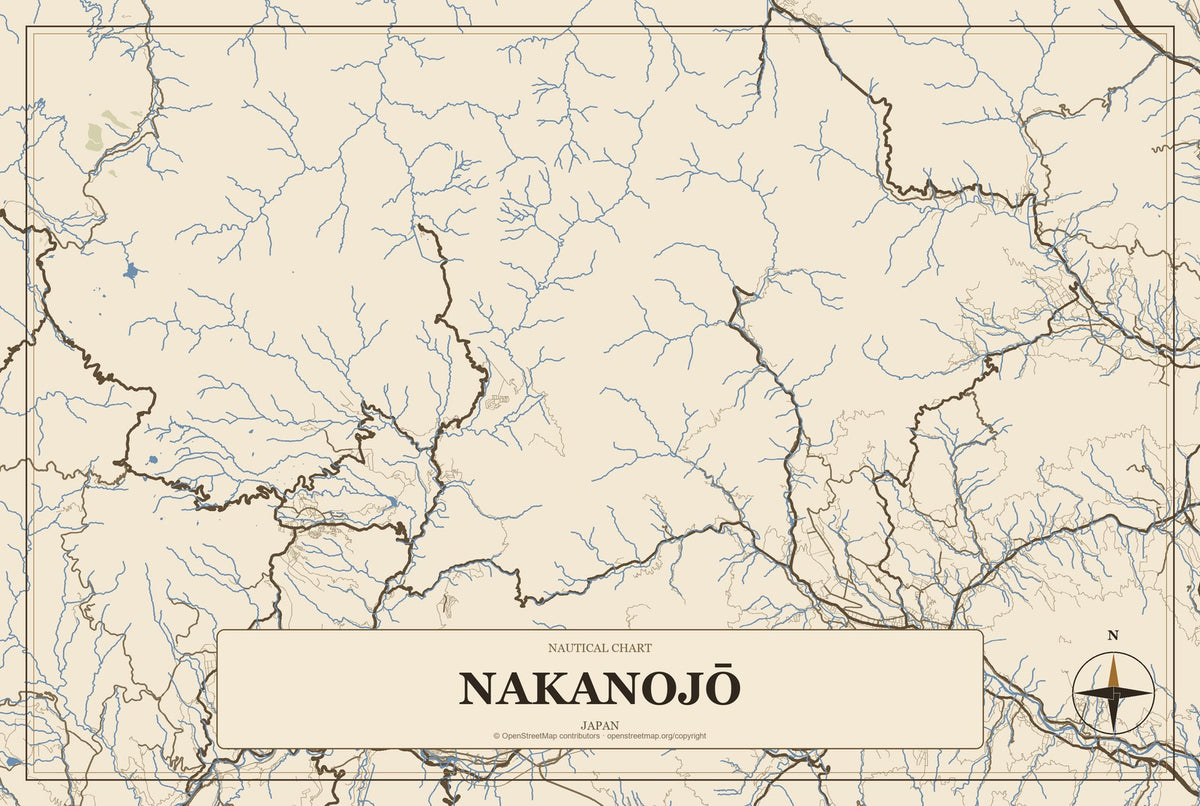 Nakanojō, Japan City Map Aluminum Sign in Heritage Nautical style
