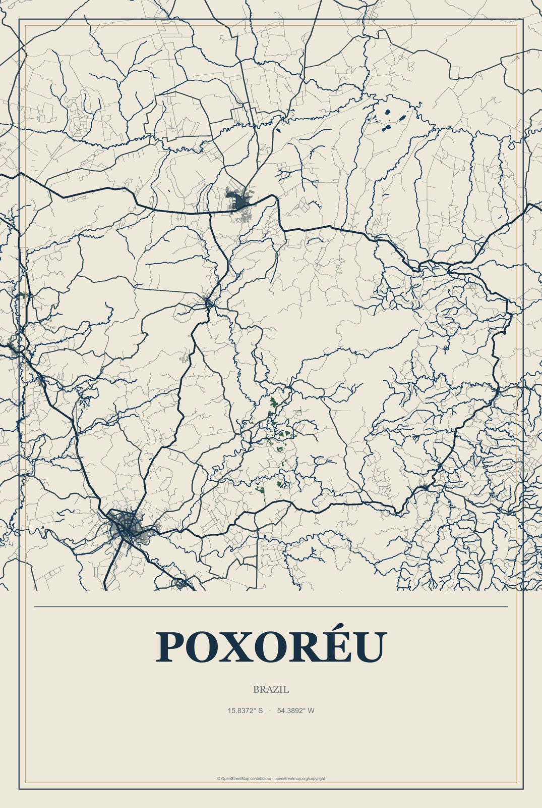 Poxoréu, Brazil City Map Aluminum Sign in Coastal Cutout style