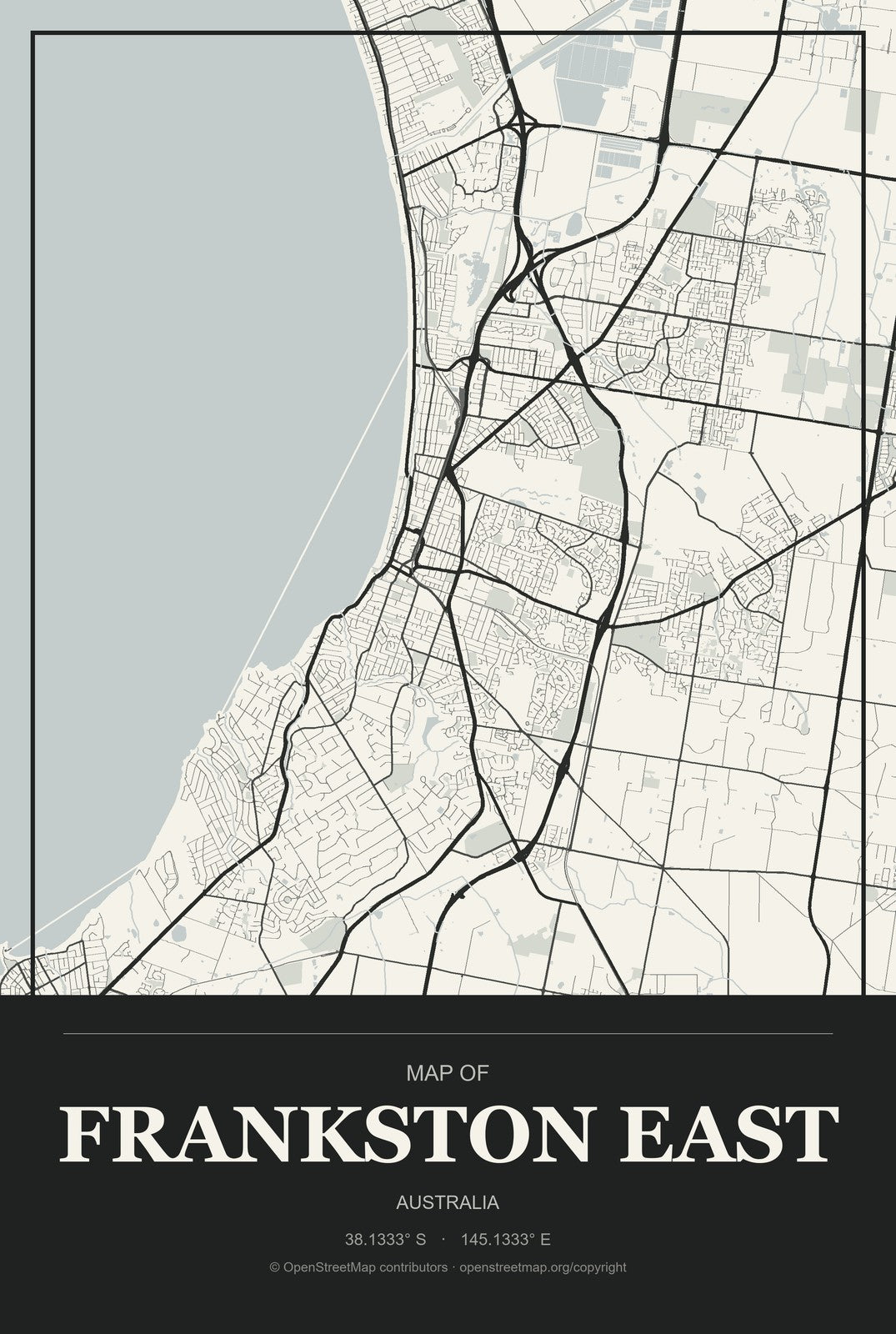 Frankston East, Australia City Map Aluminum Sign in Museum Plaque style