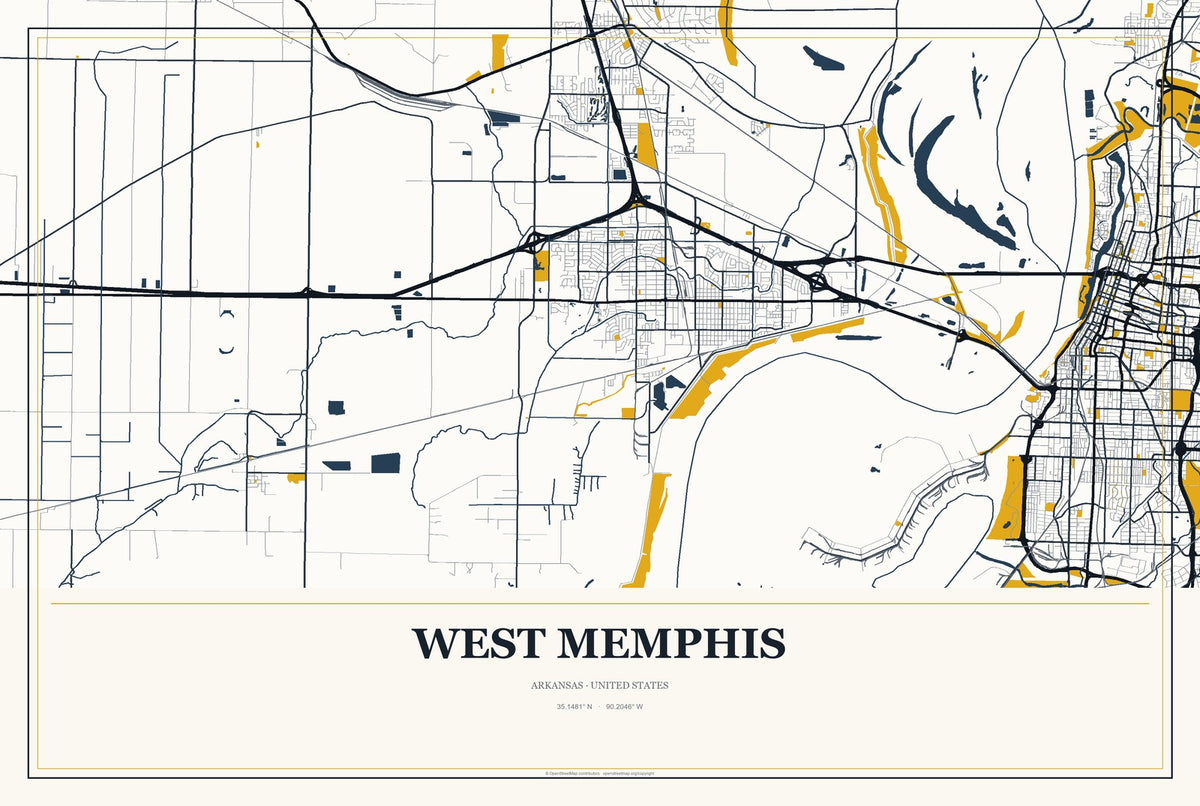 West Memphis, Arkansas City Map Aluminum Sign in Citrine Modern style