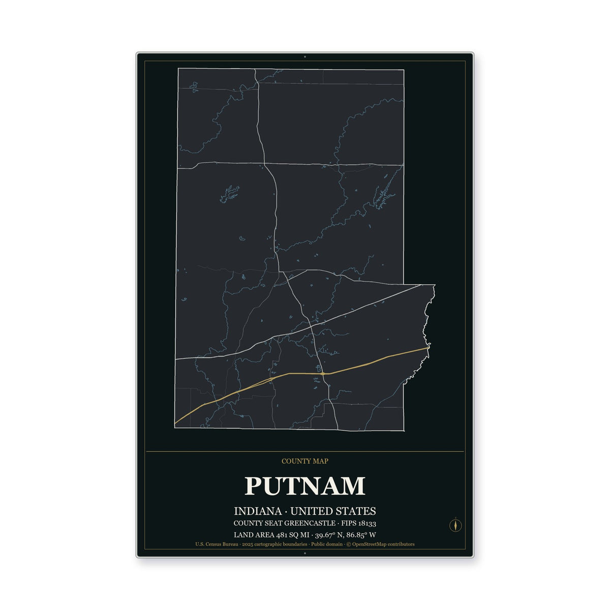 Putnam County, Indiana Map Aluminum Sign in Metropolitan Noir style
